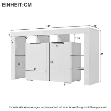 Gotagee Sideboard Hochglanz-LED-Sideboard 2 Tür Küchenschrank Buffetschrank Vitrine Weiß