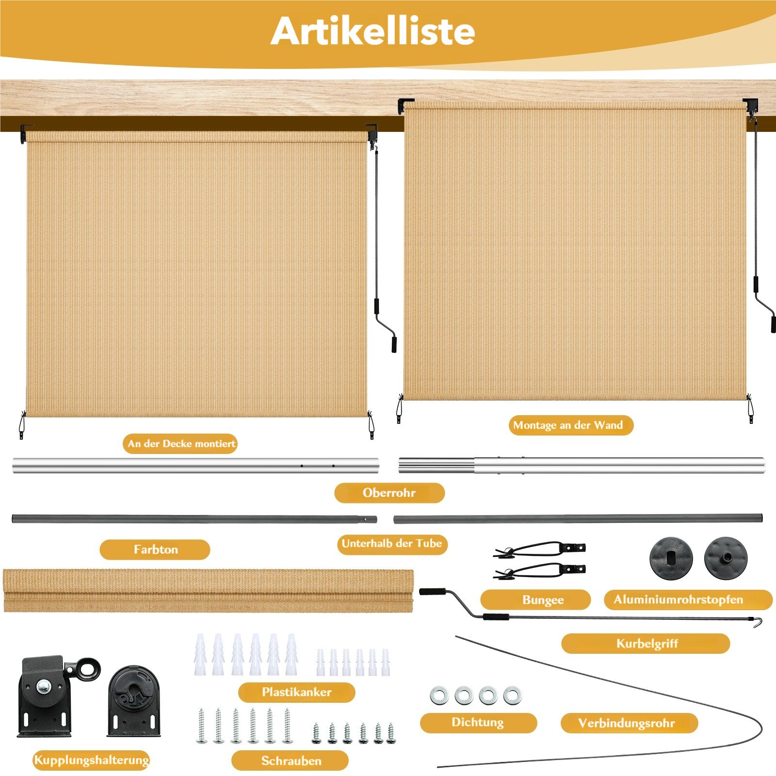 TLGREEN Senkrechtmarkise Vertikalmarkise,HDPE-Schattentuch (für Terrassenpergola,Balkonmarkise, 1-St., Aluminiumrohr mit kabelloser Kurbelbedienung) für Balkon,errasse,Garten,Veranda