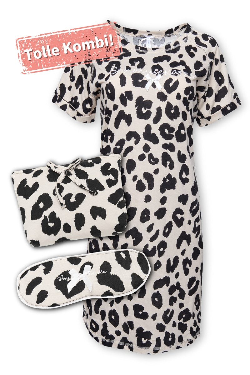 Louis & Louisa Schlafanzug Nachthemd Damen - SCHMUSEKATZE KA - beige/schwarz