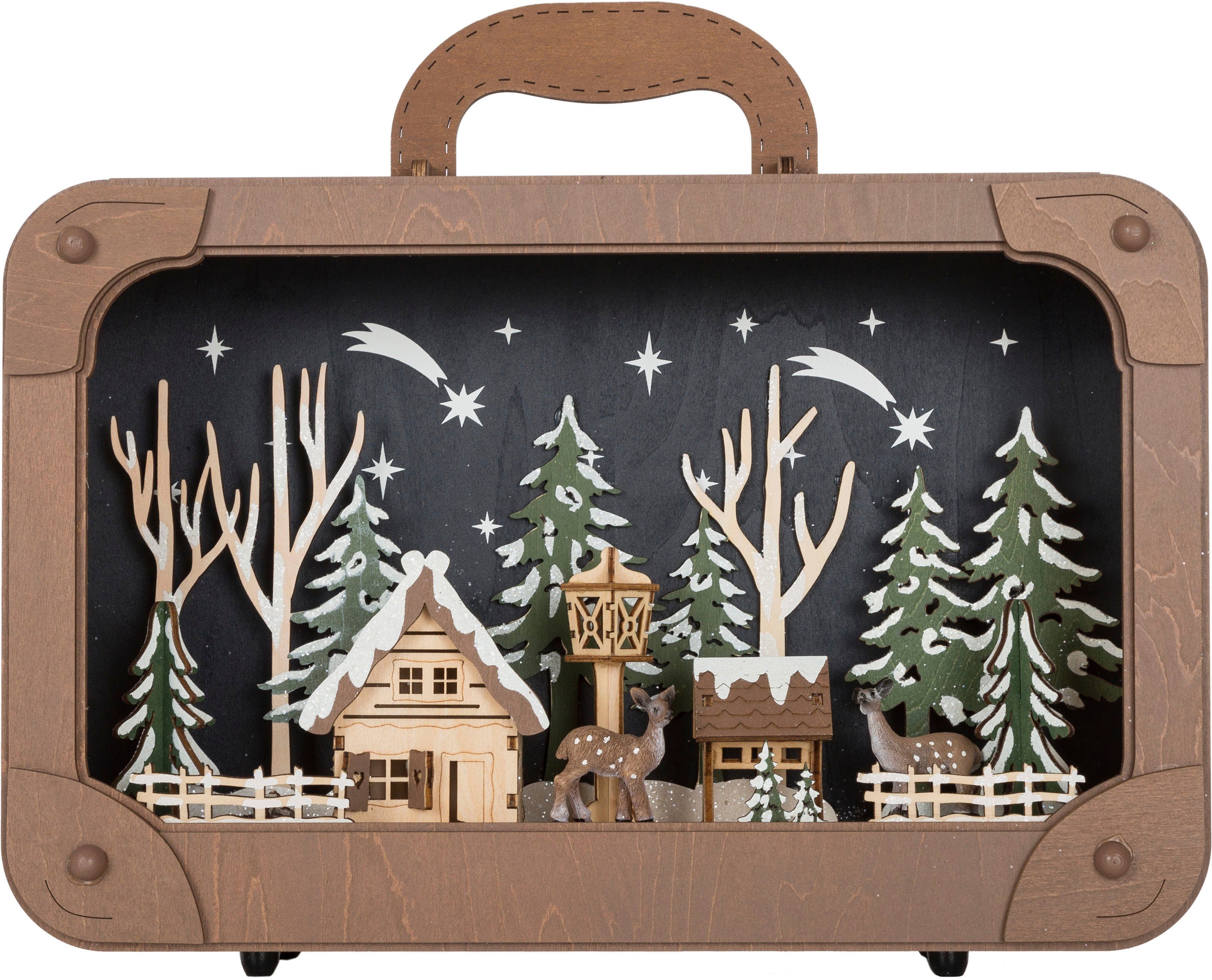 Koffer fest LED & mit Möbel verschneiter Dekolicht mit Accessoires aus Weihnachtsdorf Myflair integriert, in LED Holz, Landschaft Weihnachtsdeko Lichtbox LED-Dekoration,