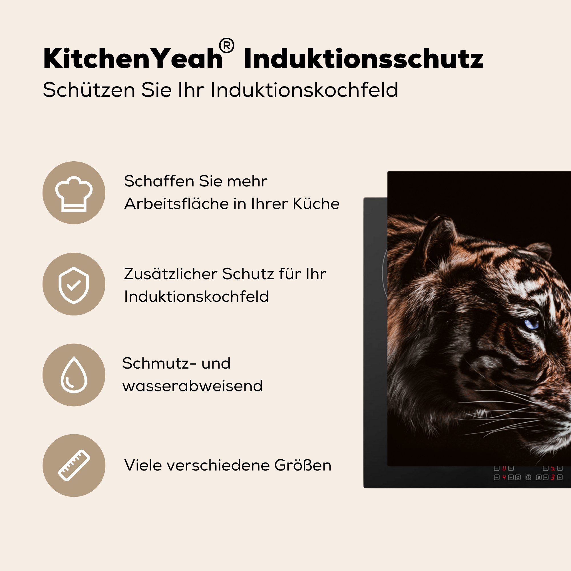 - küche cm, tlg), Arbeitsplatte Tiere Schwarz, Ceranfeldabdeckung, Vinyl, Tiger (1 Herdblende-/Abdeckplatte MuchoWow für - 78x78