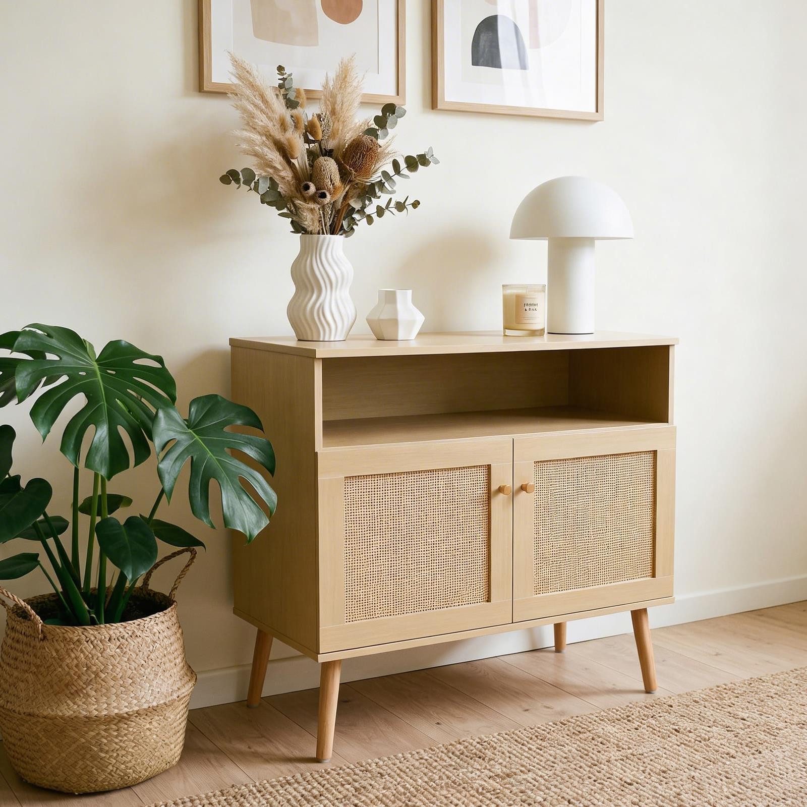 IDIMEX Kommode NORICA, Sideboard mit Rattanoptik und Holzfüßen- Eichefarben