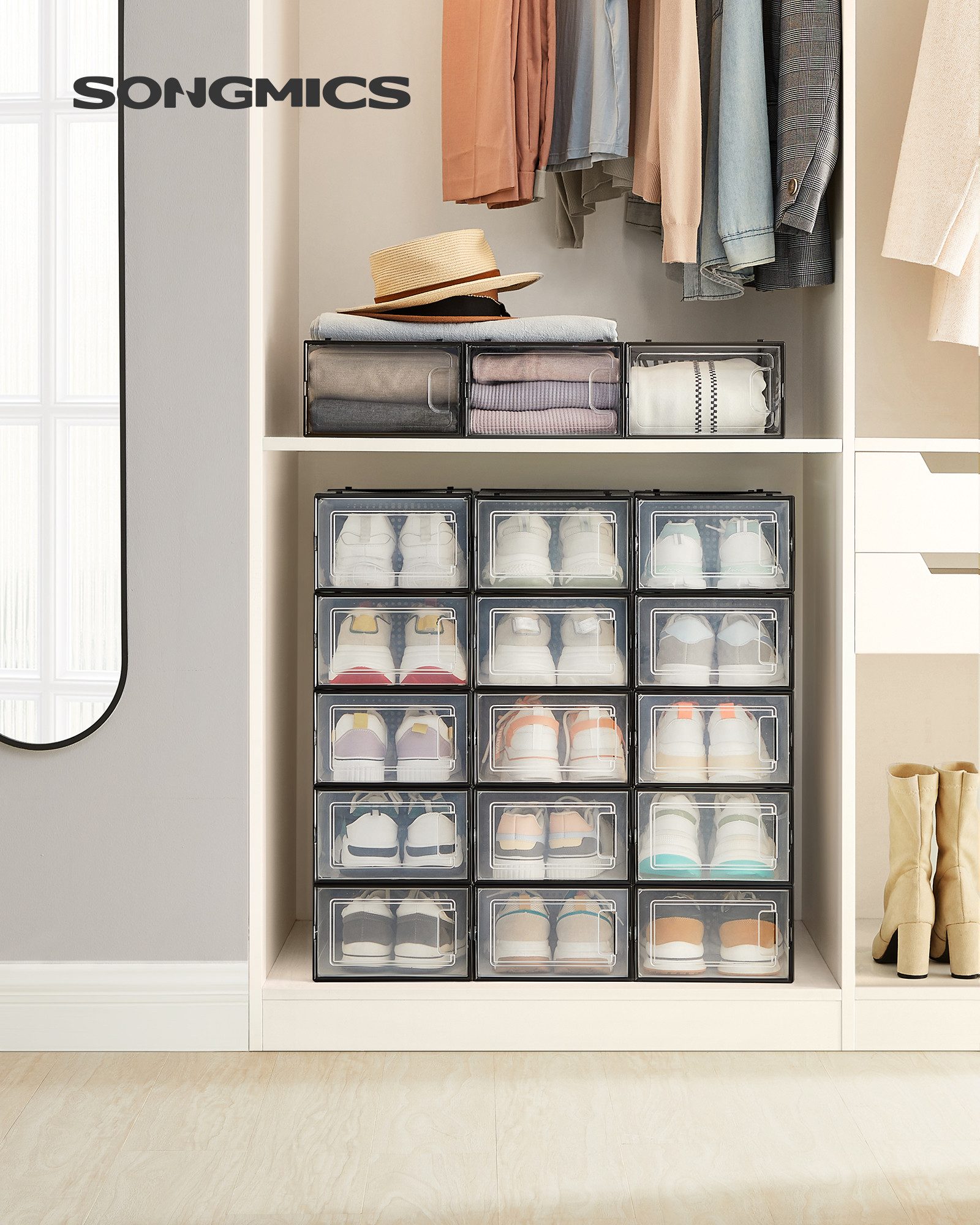 SONGMICS Schuhbox 18er Set, Schuh-Organizer aus Kunststoff, faltbar und stapelbar (18 St), für Schuhe bis Größe 44, 33,5 x 23,2 x 14,3 cm
