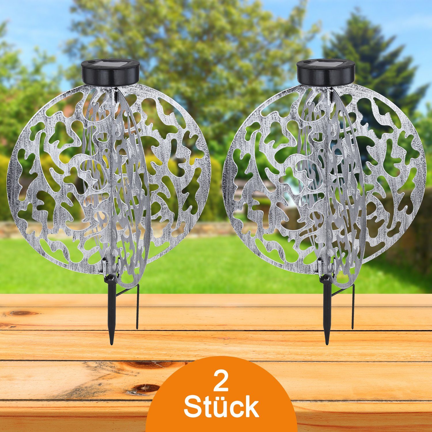 bmf-versand LED Solarleuchte Solarleuchte Garten 2er Set Rund Silber Solarlampe Außen Außenleuchte, Außenbeleuchtung, LED fest integriert, Warmweiß, Außenlampe