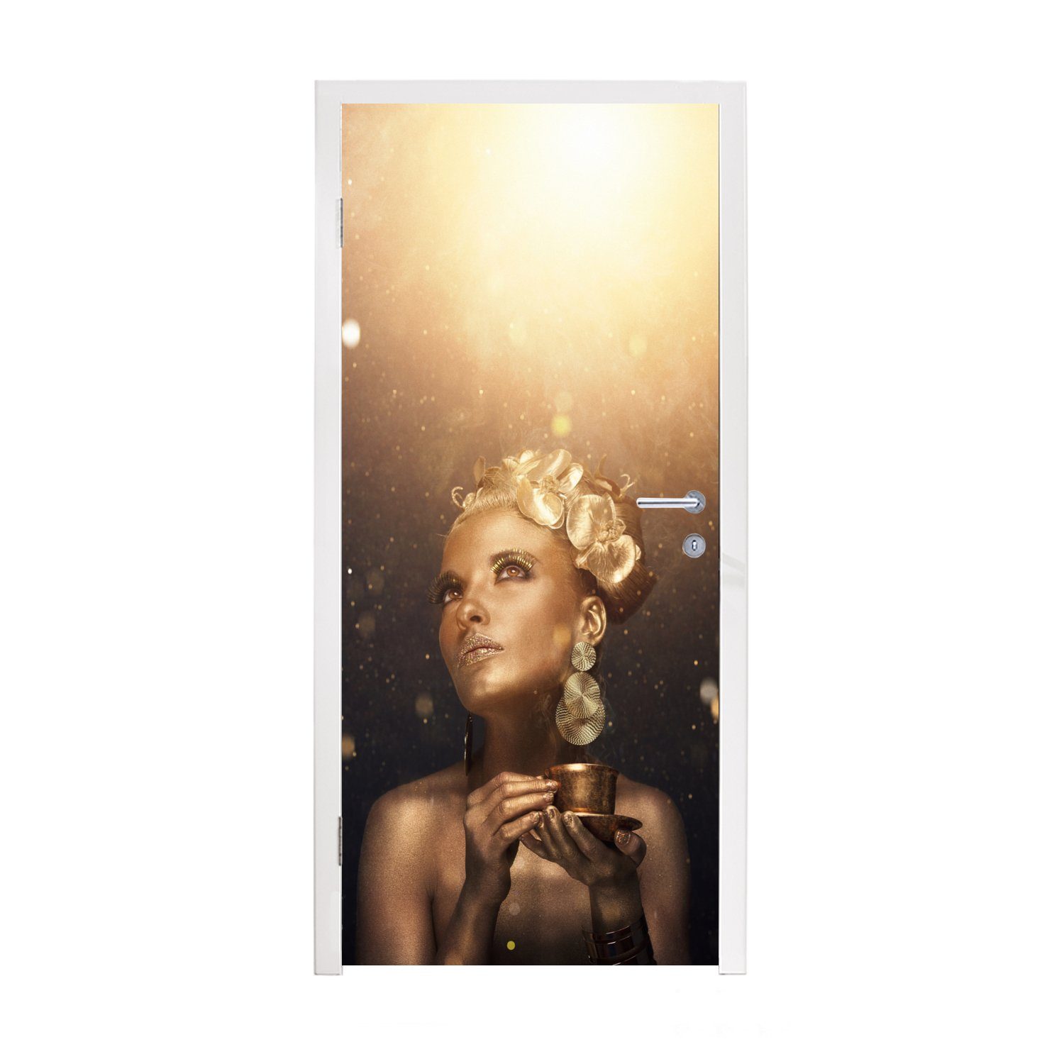 MuchoWow Türtapete Frau mit goldener Körperbemalung, Matt, bedruckt, (1 St), Fototapete für Tür, Türaufkleber, 75x205 cm