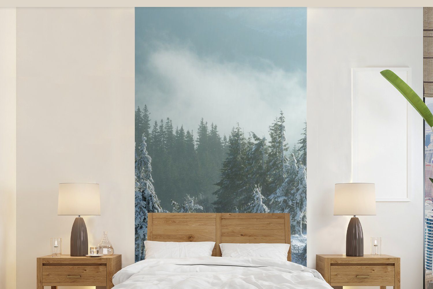 - Schlafzimmer bedruckt, Matt, Winter, St), für Wohnzimmer MuchoWow Fototapete Küche, Fototapete Wald - Vliestapete Schnee (2