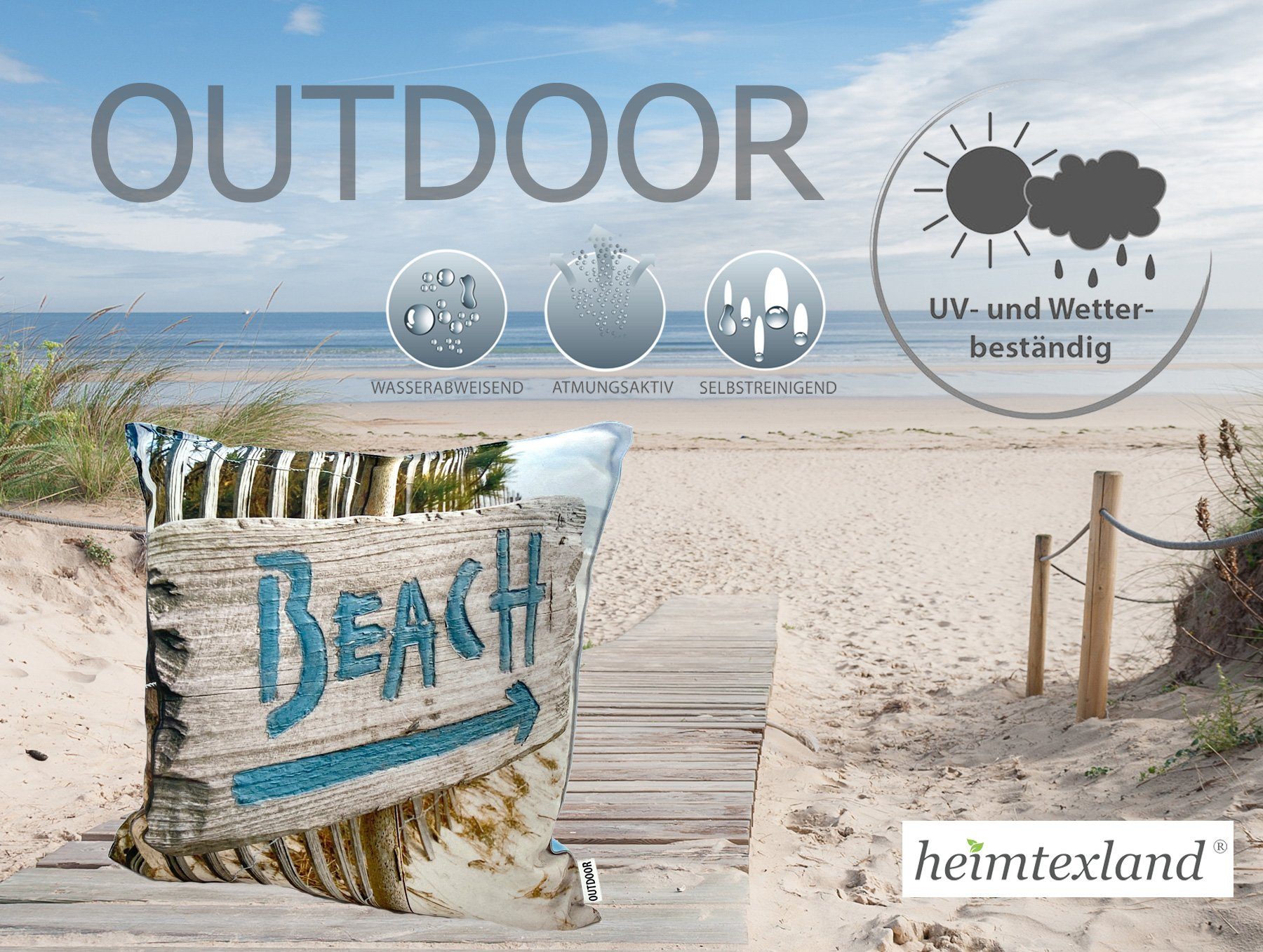 heimtexland Dekokissen Outdoorkissen 45x45 Effekt, wasserabweisend, Beach-Schild Deko Füllung und inkl. Lotus schmutz- Kissen, Outdoor Garten