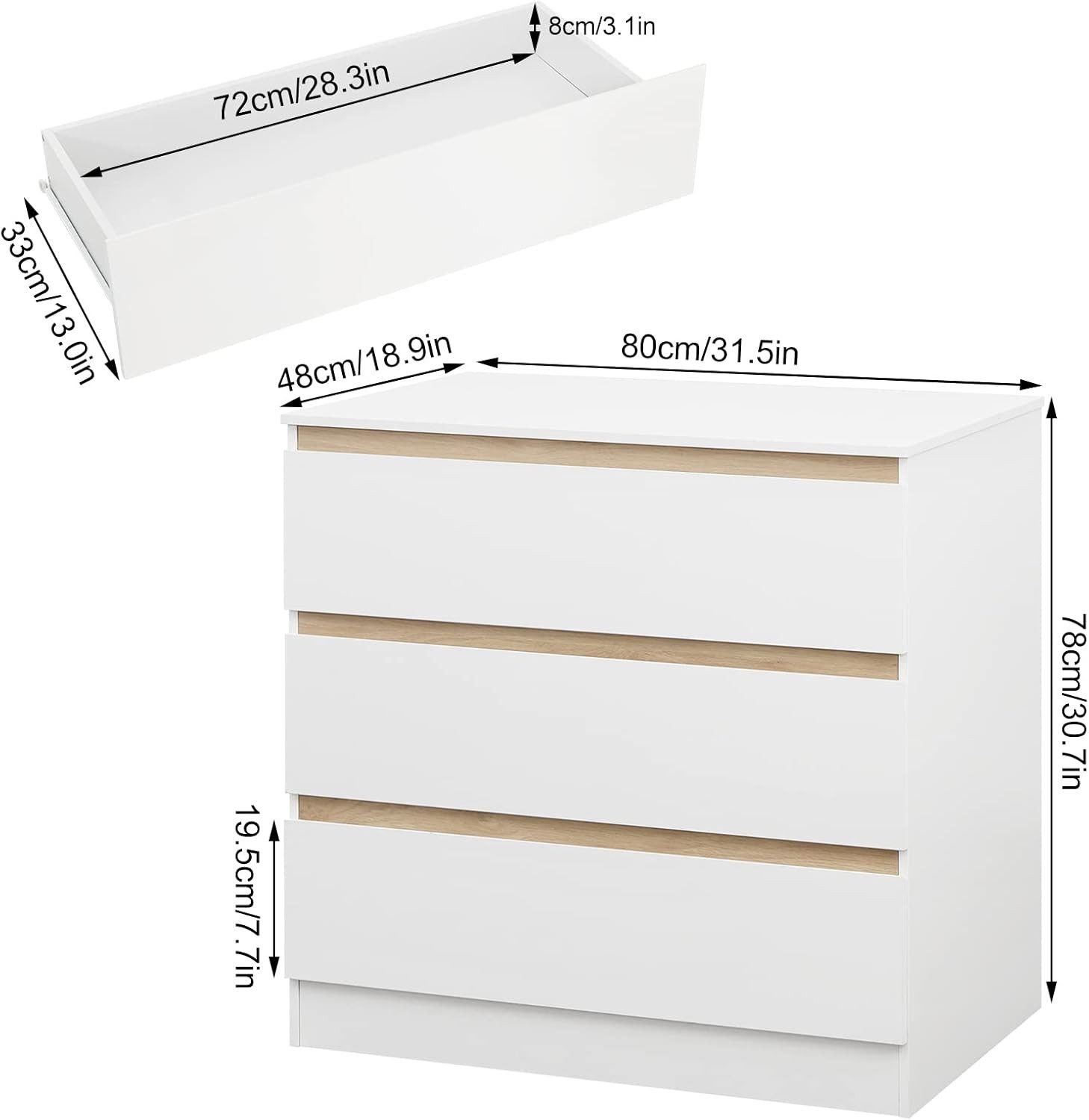 Woltu Wickelkommode, mit 3 Schubladen platzsparend 80x78x48cm, Weiß + Eiche