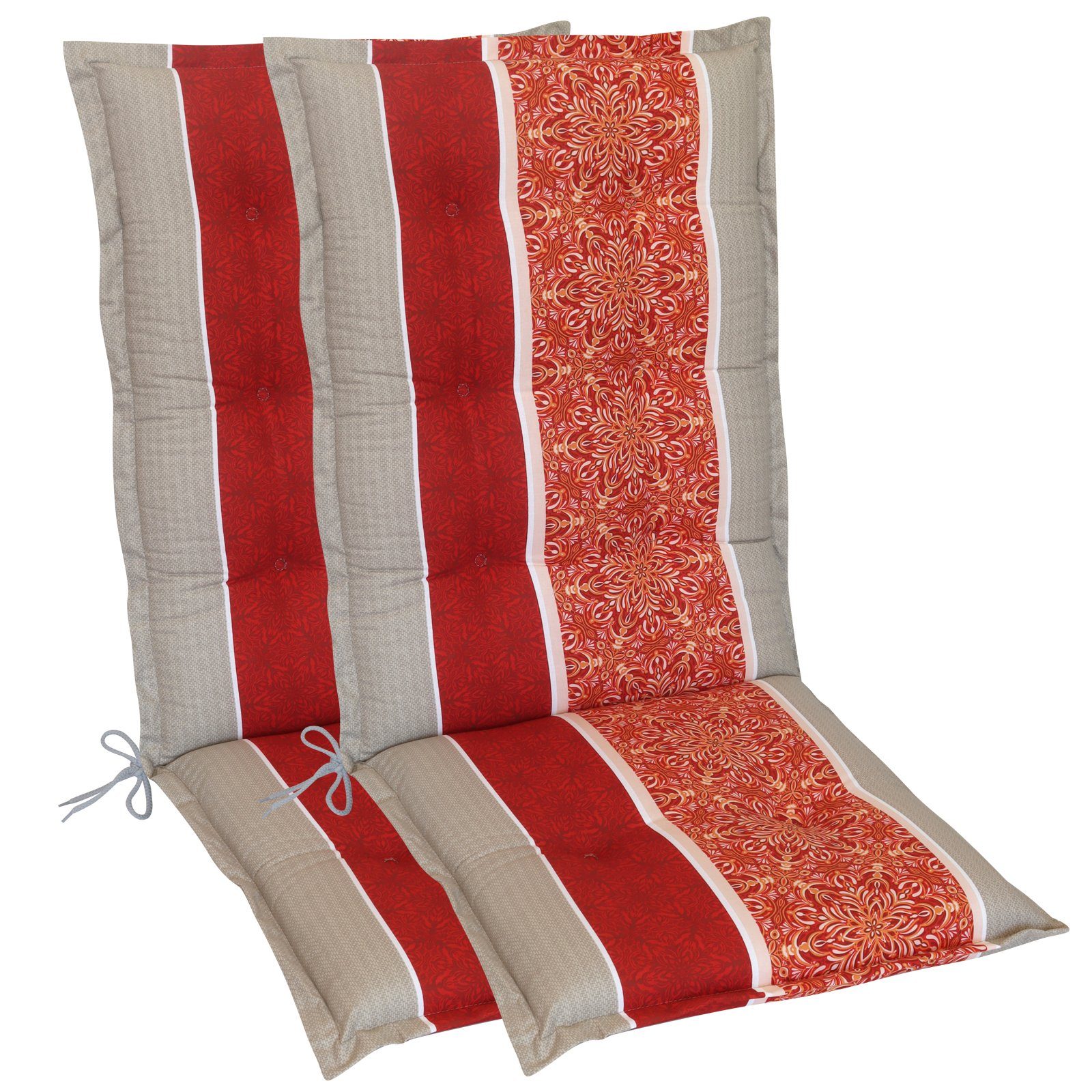 2er Set Sitzauflagen Hochlehner 120x50cm - Rote Streifen Gartenstuhl Auflagen Wasserdicht