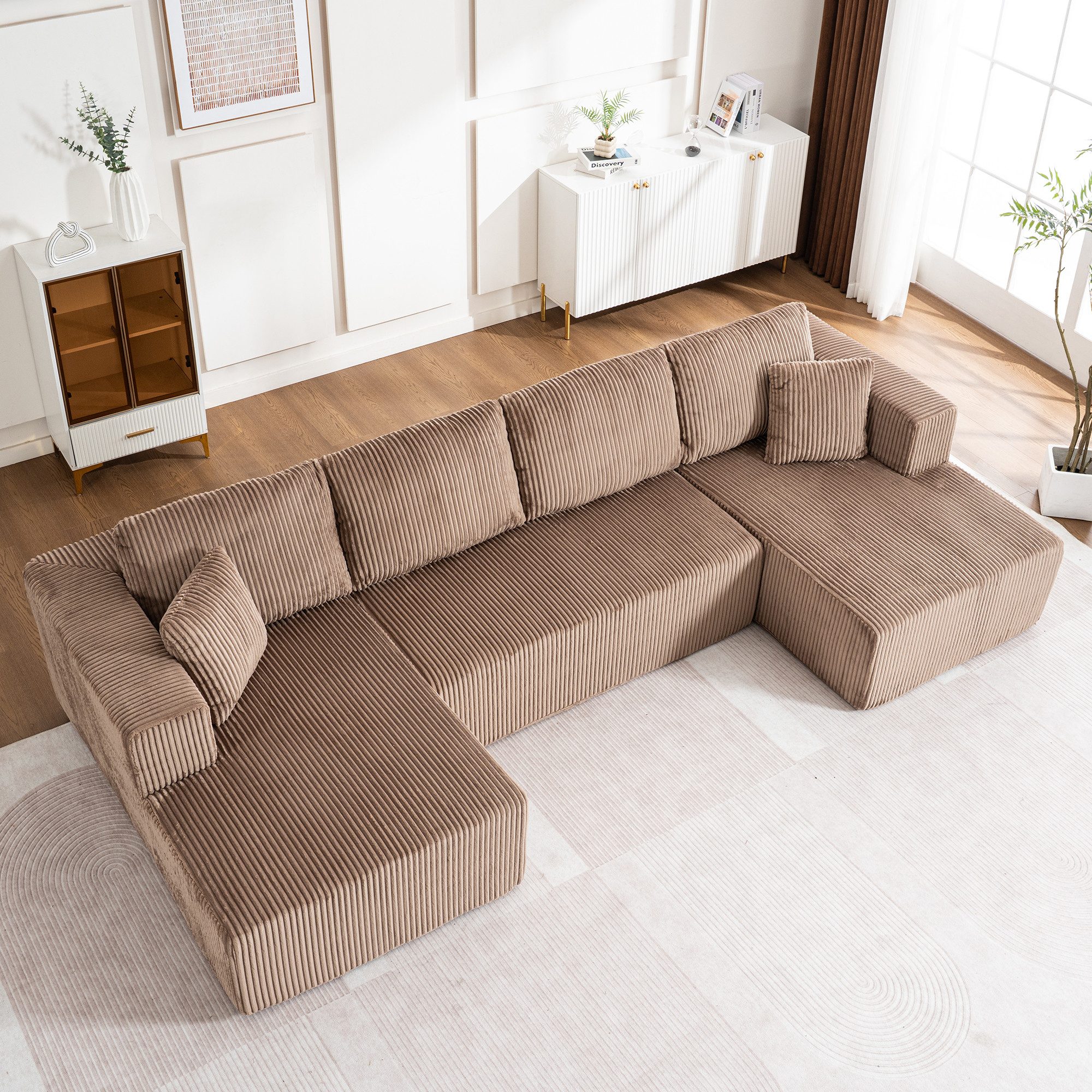 HAUSS SPOLE Schlafsofa U Form,Sofa Wohnzimmer Polstersofa Loungesofa mit Schlaffunktion, modernen Leisure-Sofa im U-Typ,aus Lampenstoff mit Liegestühlen., Big Sofa mit vier große Kissen und zwei kleine Kissen