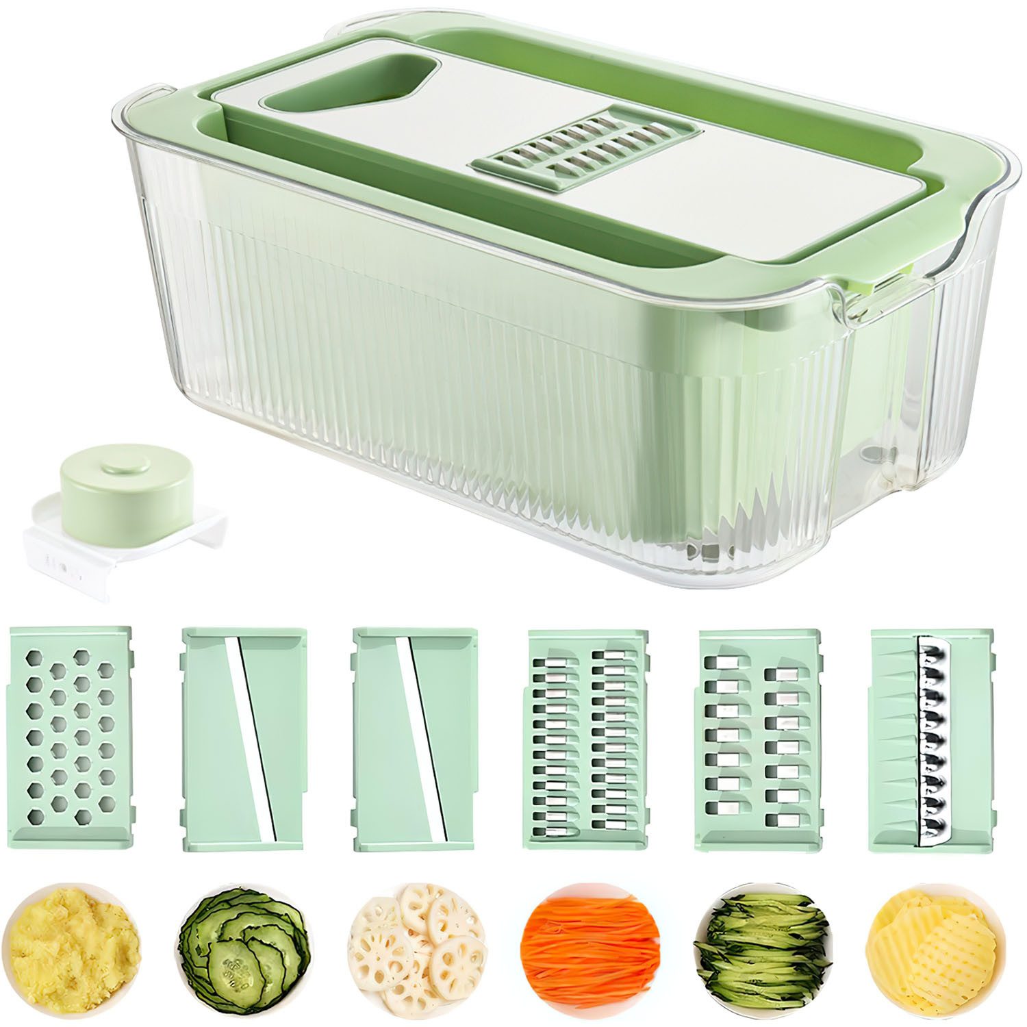 HEYHIPPO Gemüse-Scheibenschneider Gemüsereibe, 6-in-1Gemüseschneider aus Edelstahl Würfeln Schneiden, (Multifunktionaler Gemüseschneider für den Haushalt, mehrere Klingen), Gurkenhobel, dünner Gemüsehobel,6 Klingen, doppellagiges Abtropfbecken