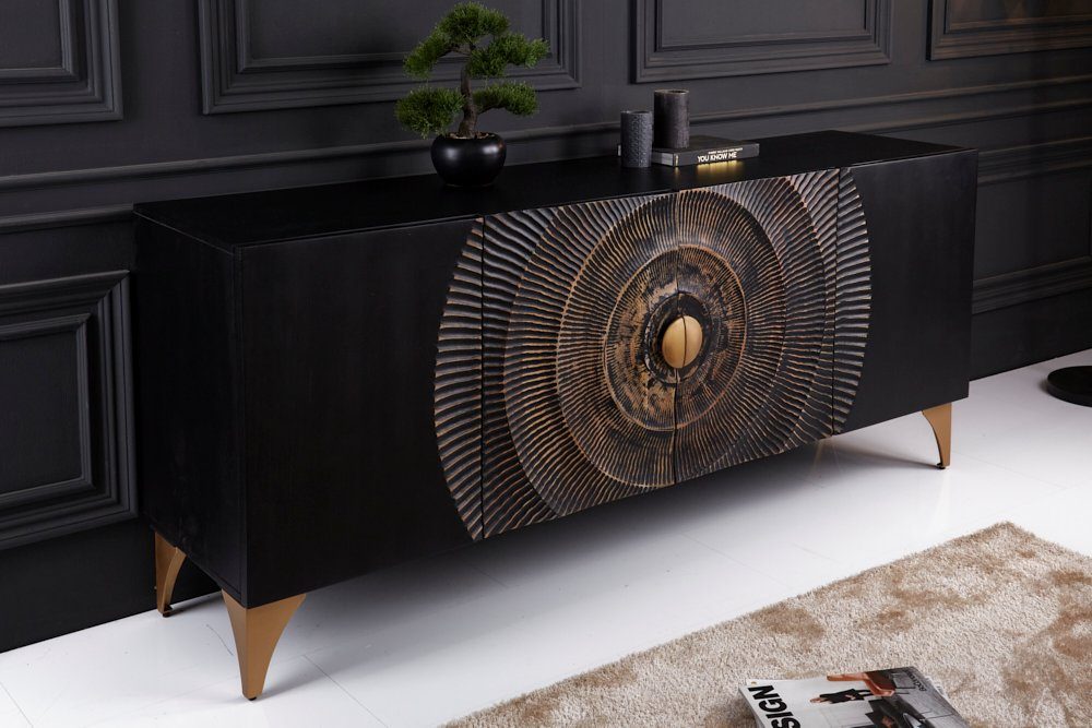 riess-ambiente Sideboard GOLDEN SUNSET 180cm schwarz / gold (Einzelartikel, 1 St), Massivholz · Metall · Kommode · 3D Front · Wohnzimmer