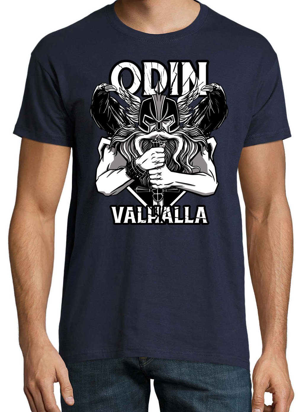 Navy Odin mit T-Shirt Spruch trendigem Youth Designz Valhalla T-Shirt Herren