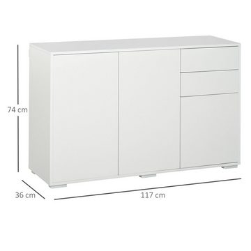 HOMCOM Beistellschrank Mehrzweckschrank Aktenschrank mit 2 Schublade 3 Türen (Aufbewahrungsschrank, 1-St., Sideboard) Hochglanz Weiß 117 x 36 x 74 cm
