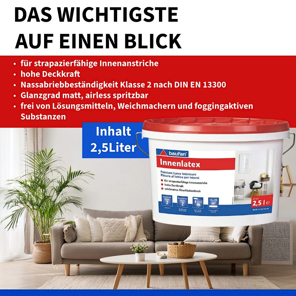 baufan® Latexfarbe Innenlatex 2,5 - 5 l matt weiß Innenanstrich Wandfarbe, weichmachernfrei, wdelmatt, spritzbar & nassabriebbeständig