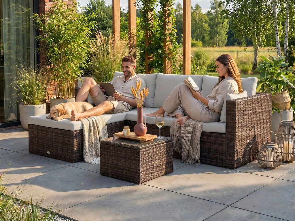 Beautysofa Gartenlounge-Set SEVILLA Polyrattan Ecksofa mit Couchtisch, (Technorattan Lounge Set, Tisch mit Glasplatte, modulares Gartenmöbel-Set, rechts oder links aufbaubar), wetterbeständig, pflegeleicht, in mehreren Farben