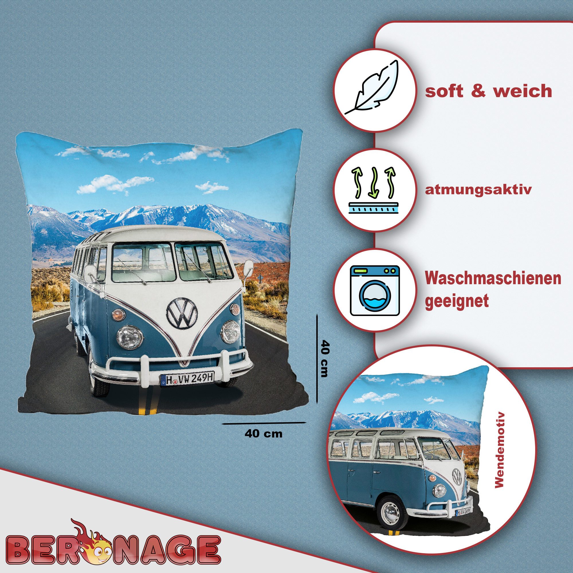 BERONAGE Dekokissen VW Volkswagen Bulli T1 Blau 40 x 40 cm Kissen pass. zur günstig online kaufen