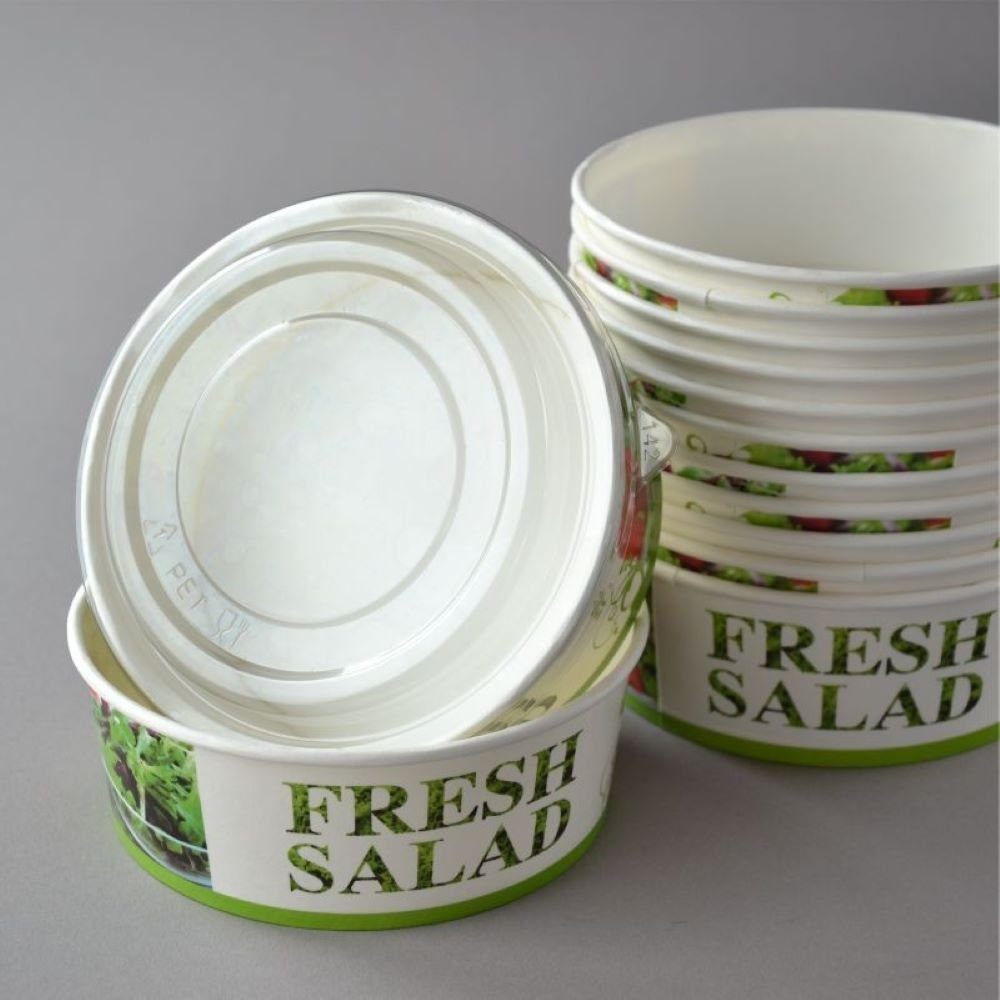 300 Stück Bowls ml, Deckel, Cups Salad Paper mit Salatbox "Salat-Motiv", rund, 550 Einwegschale Salatschalen Pappsalatschale
