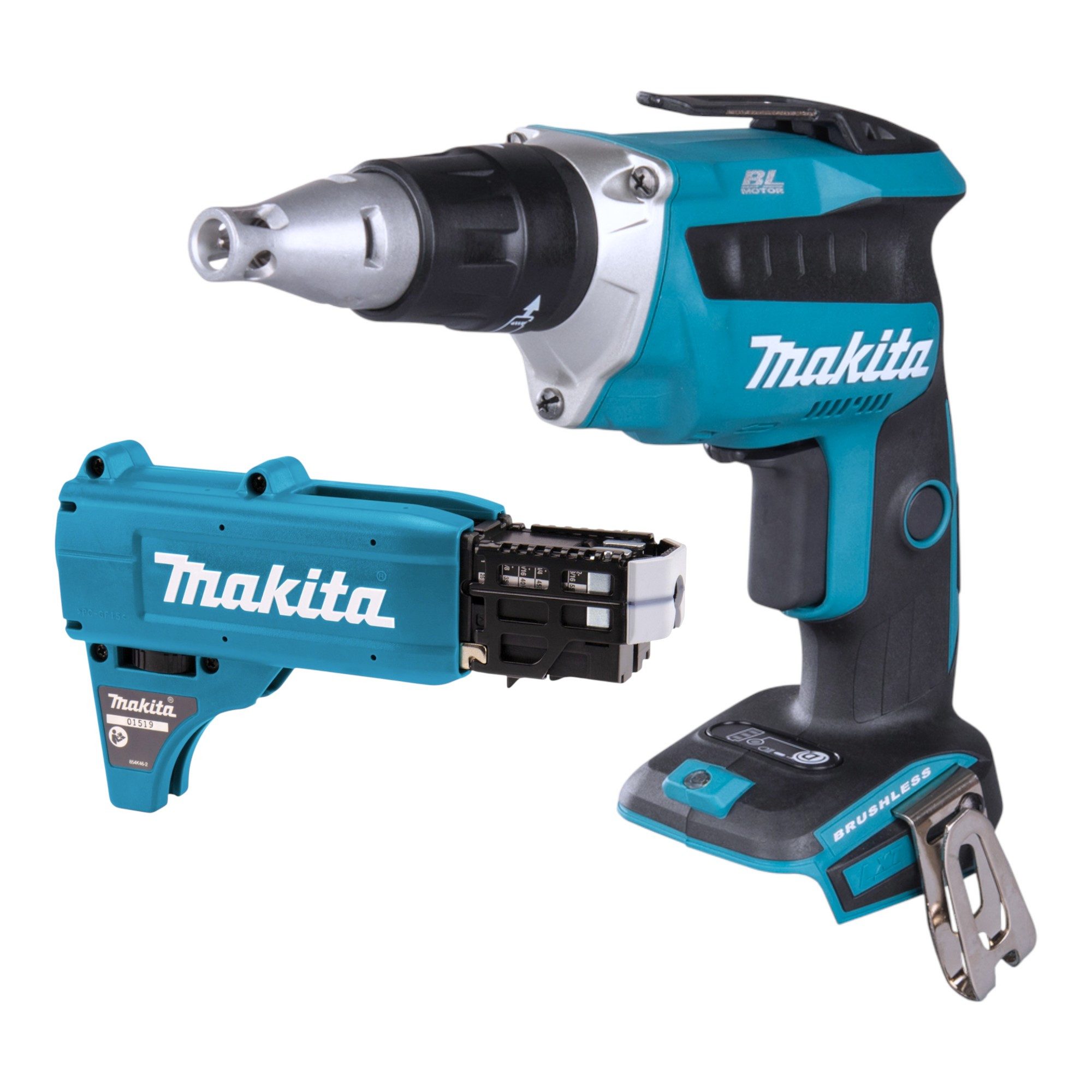 Makita Akku-Trockenbauschrauber DFS 452 Z 18 V Brushless + Magazinschrauben Vorsatz