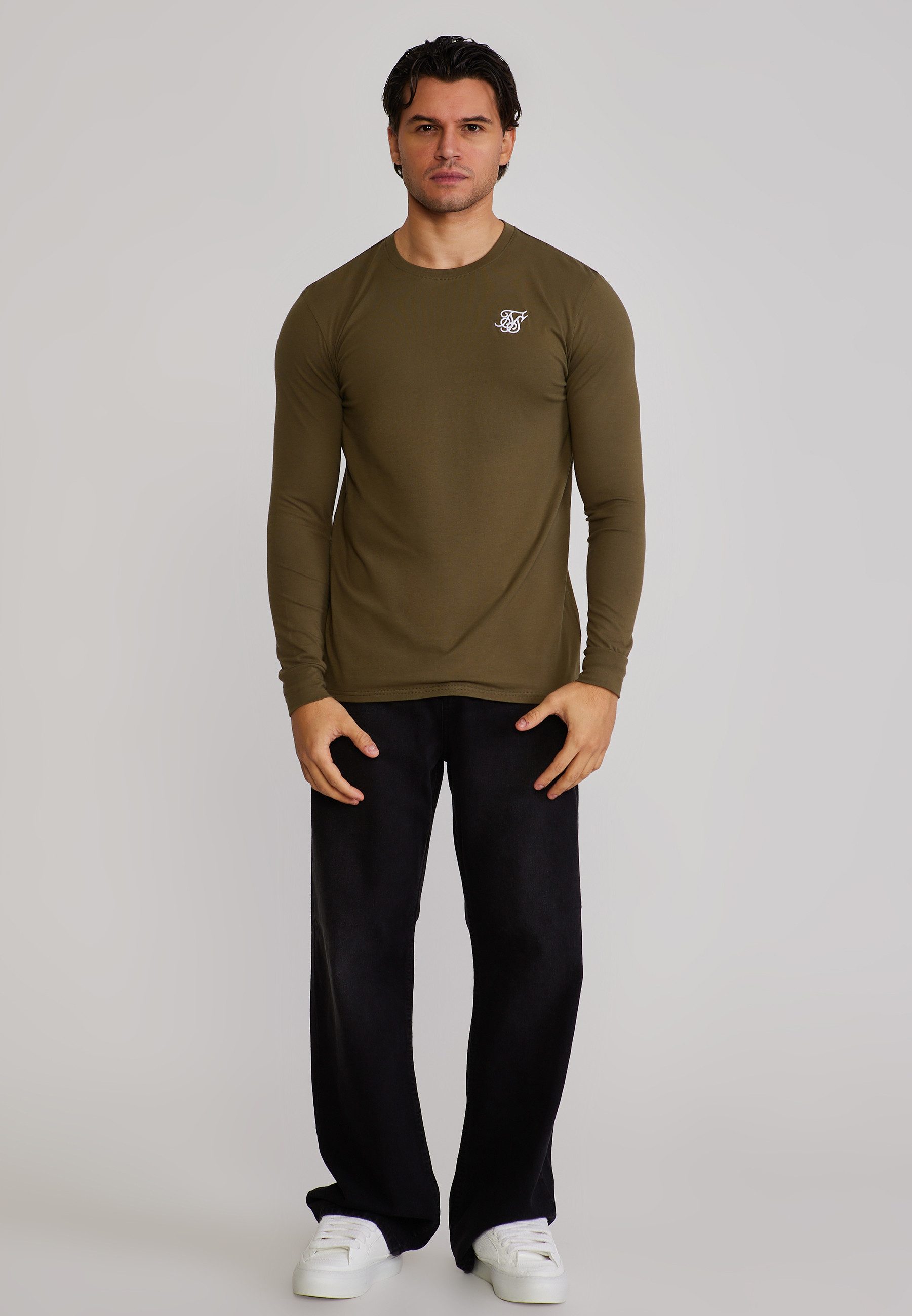 Siksilk T-Shirt SikSilk Herren Khaki Grün Essentials LS T-Shirt