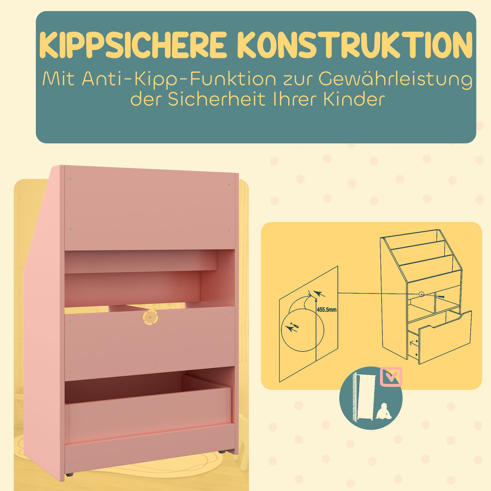 HOMCOM Kinderregal Kinder Bücherregal mit Schublade, 3 Ablagefächern, Aufbewahrungsregal 1-tlg., für Kinderzimmer, Spielzimmer, Rosa, 60 x 29,9 x 90 cm – Bild 5 von 5