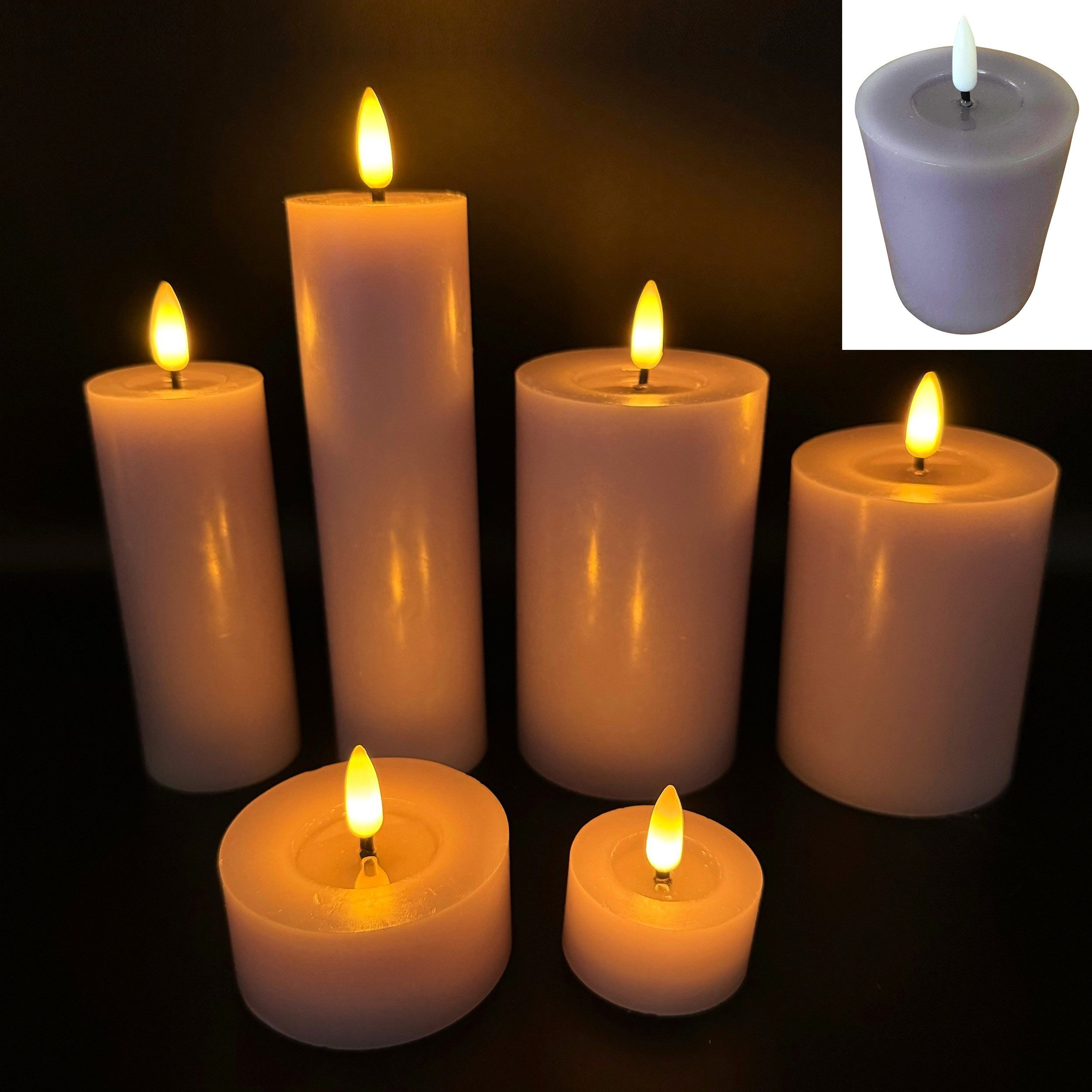 Online-Fuchs LED-Kerze 6er Set LED-Kerzen aus Echtwachs mit realistischer Flamme (Creme, Weiß, Lila, Grün oder Rosa, 3 verschiedene Kerzenarten), - 6 Stunden Timer