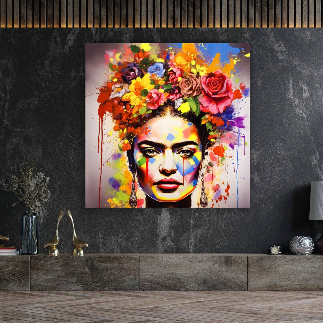 Artedinoi Leinwandbild Frida buntes Portrait mit Blumen Pop Art Leinwandbild Wandbild Wanddek, Frida Kahlo, Blumenporträt bunt