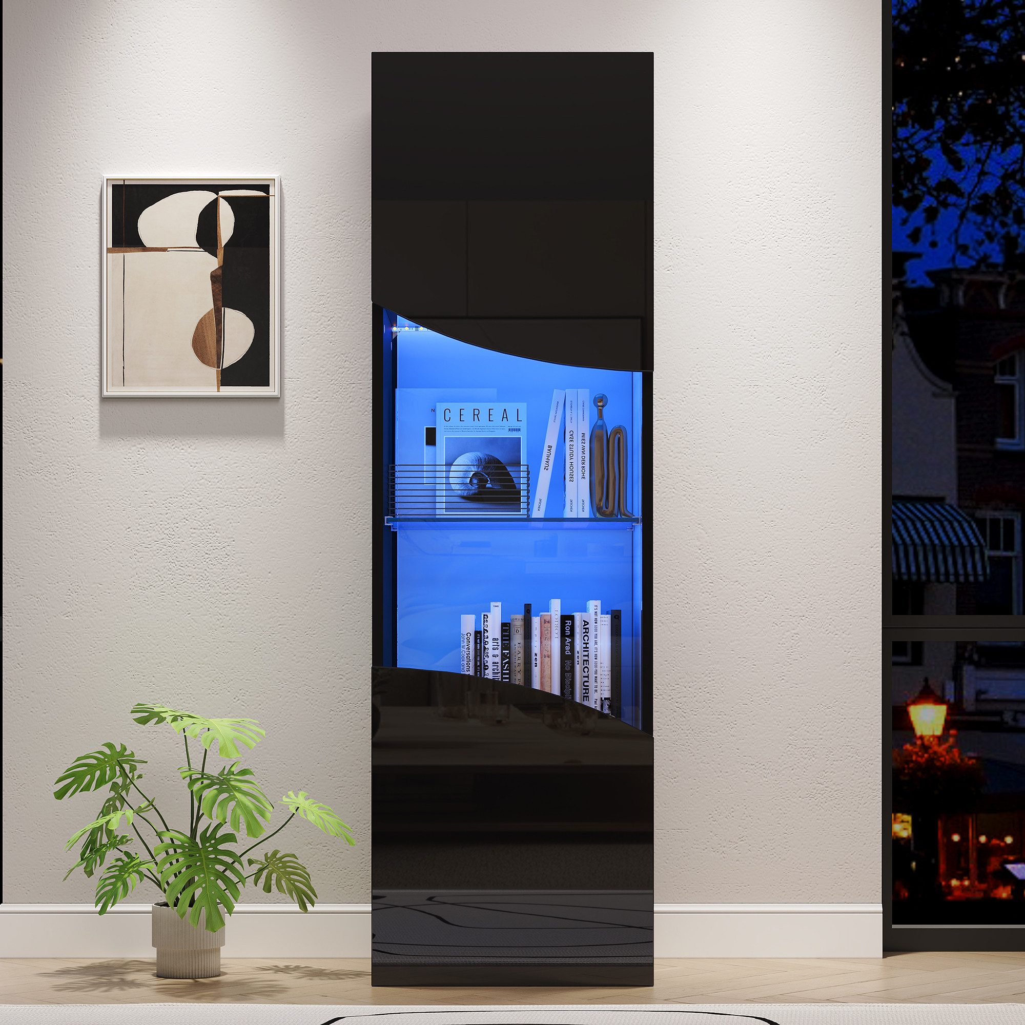 BlingBin Vitrine 35*50*165cm Vitrinenschrank mit LED-Beleuchtung,Hochglanz Hochschrank (1er Set, 1-St., Belastbarkeit: 40kg, Wellenoberflächengestaltung) Aufbewahrungsschrank mit Schranktüren für Wohnzimmer, Schwarz