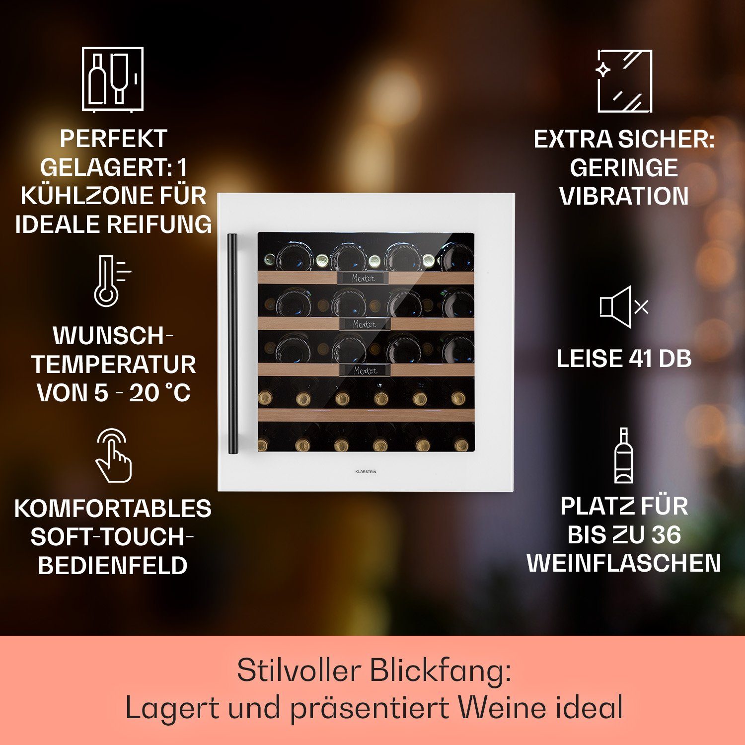 Klarstein Weinkühlschrank Vinsider 36 Built-In Uno, für 36 Standardflaschen á 0,75l,Wein Flaschenkühlschrank Weintemperierschrank Weinschrank Kühlschrank