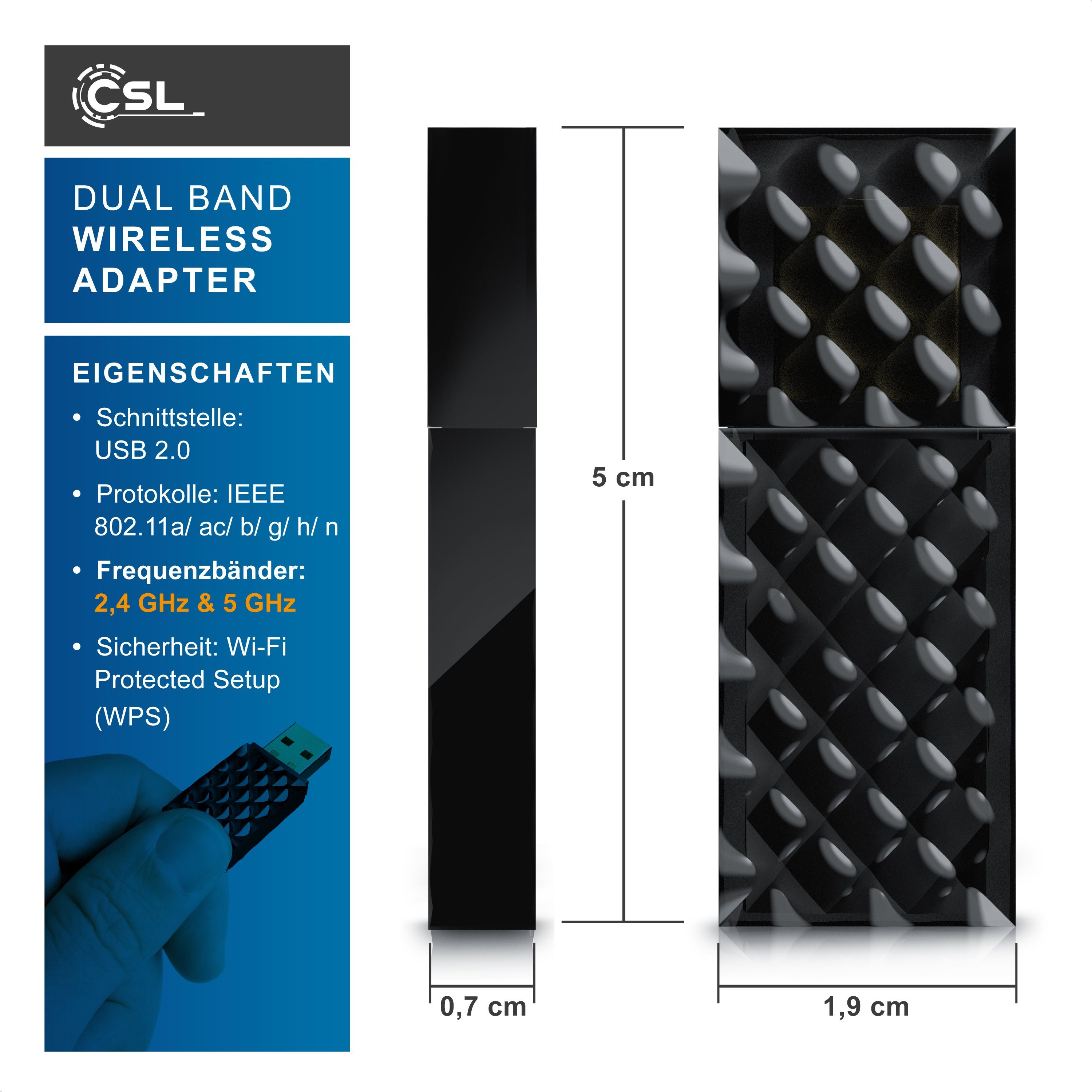 CSL WLAN-Dongle AC450 WIFI Dual Band Stick, 433 MBit/s, 2,4 GHz / 5 GHz, 802.11ac, WPS, Wi-Fi Direct, SoftAP, Infrastruktur-Netz, Status-LED, Windows