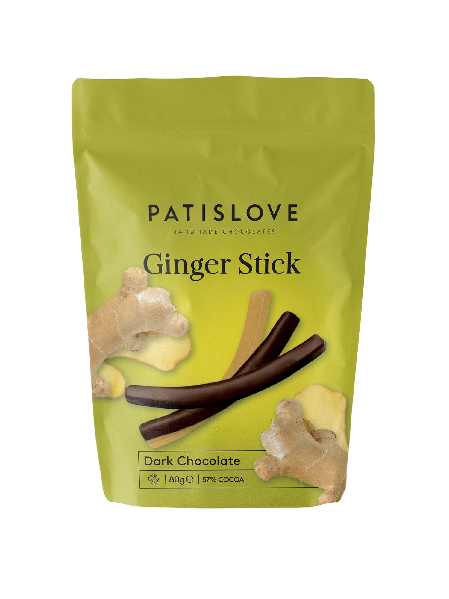 PATISLOVE Schokolade PATISLOVE Ingwerstäbchen in Zartbitterschokolade 80g – 57% Kakao, Handgefertigt,Mit kandiertem Ingwer.