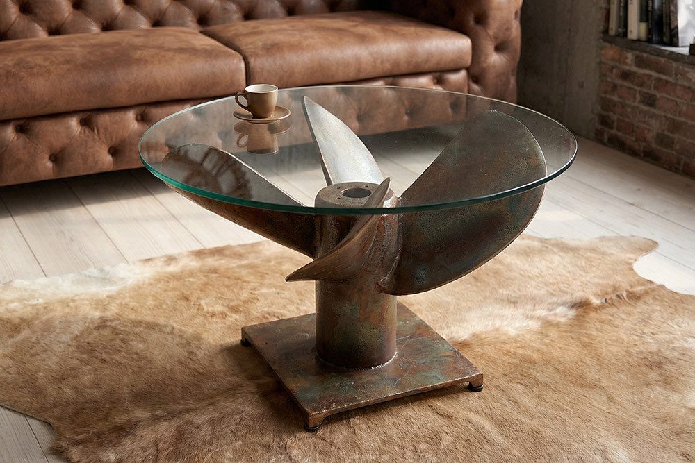 riess-ambiente Couchtisch OCEAN M Ø60cm transparent / kupfer geflammt (Einzelartikel, 1-St), Wohnzimmer · Glasplatte · rund · Maritim · Schiffsschraube · Metall