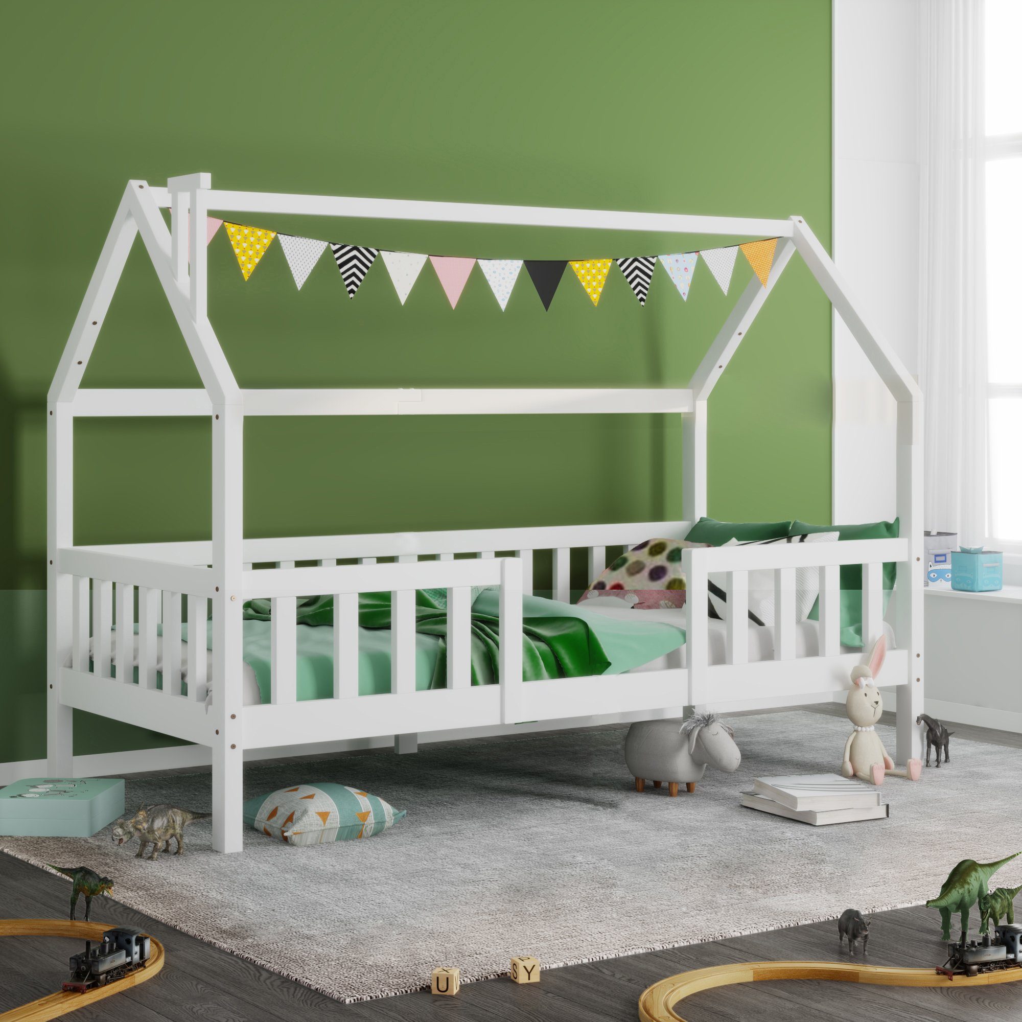 SOFTWEARY Kinderbett (Hausbett mit Lattenrost, 90x200 cm), Einzelbett inkl. Rausfallschutz, Kiefer weiß