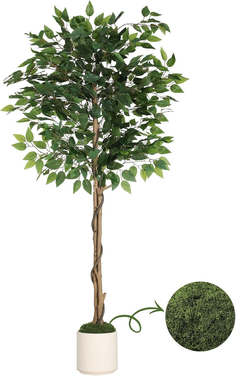 Kunstbaum Künstliche Ficus Benjamini Realistische Ficus Kunstpflanze mit festgeformtem Stamm, TLGREEN, Höhe 150 cm, für Wohnzimmer Büro, Inklusive Weißem Übertopf & Kunstmoos