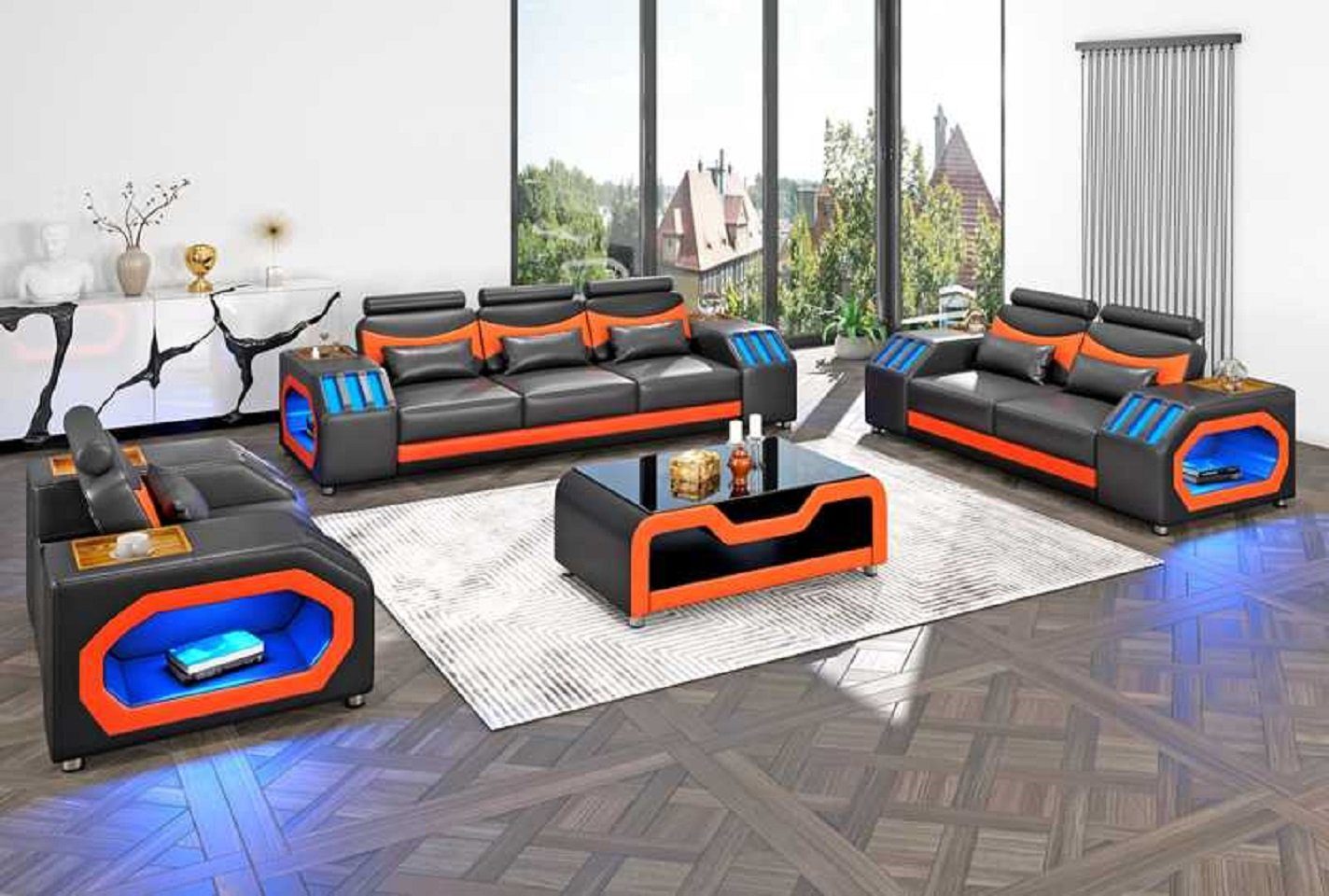 JVmoebel Badezimmer-Set Modern Sofagarnitur Zweisitzer Sessel Dreisitzer 3tlg Schwarz Set, (3-St., Nur Sofa 2+3 Sitzer + Sessel), Made in Europe Schwarz/Orange