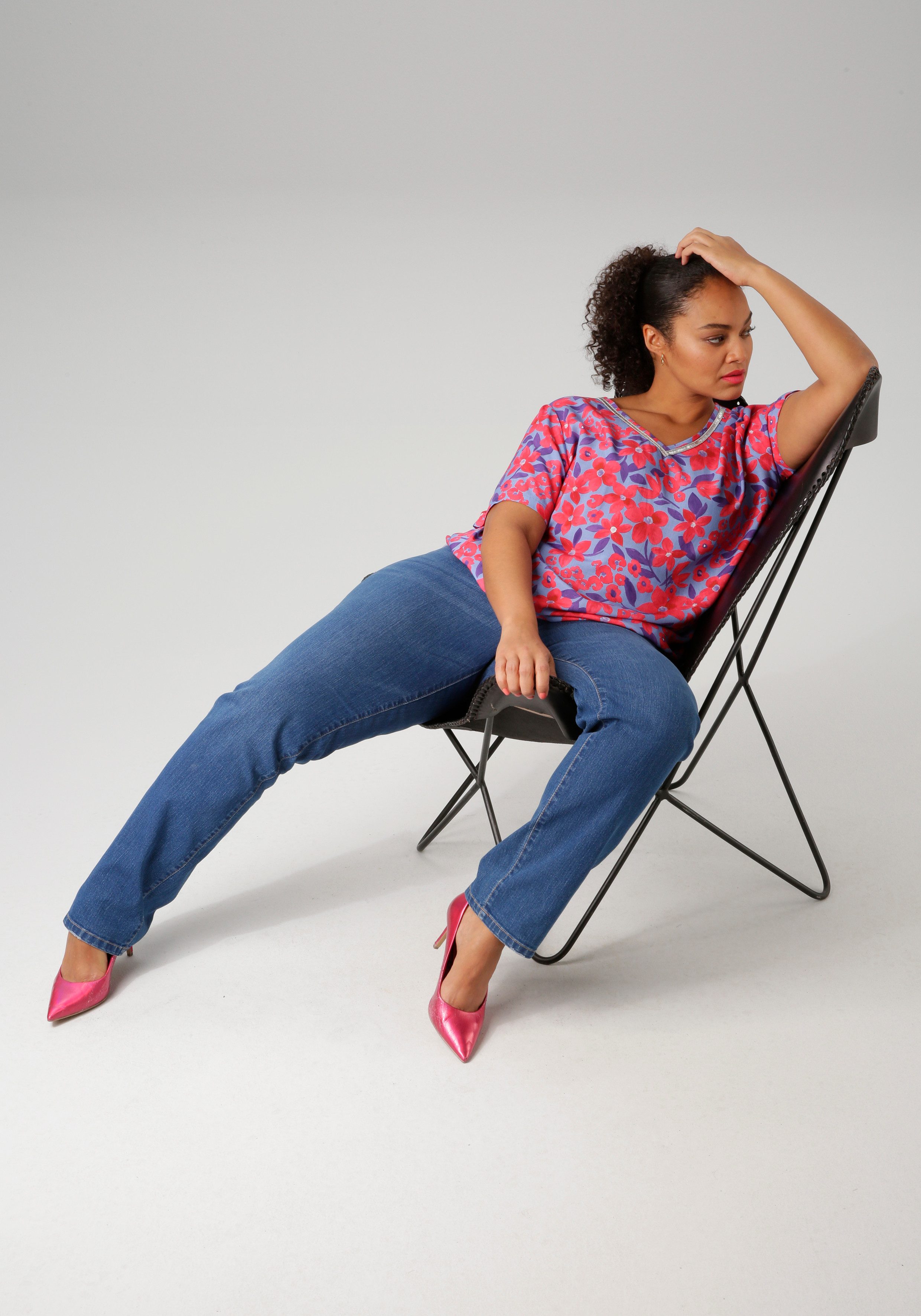 Aniston PLUS shirt blouse with glittering decorative ribbons on the V-neck