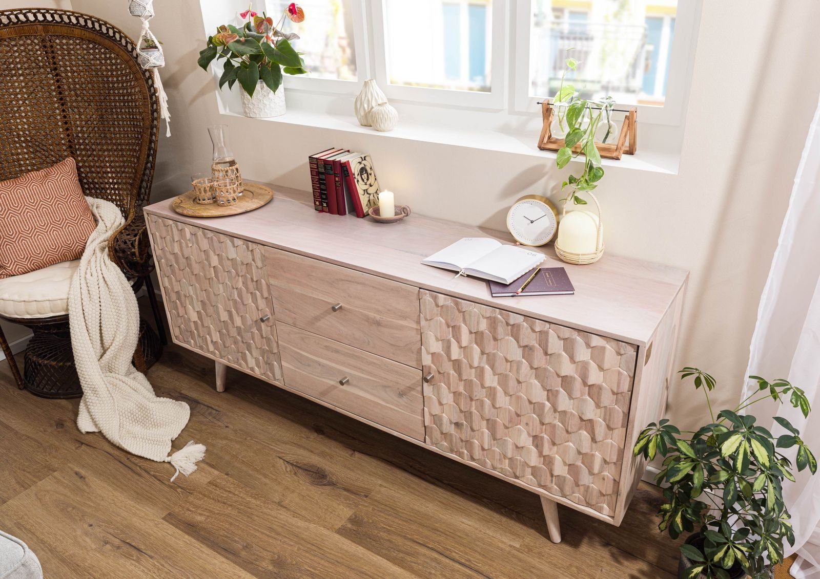 Massivmoebel24 Sideboard (Sideboard Akazie 180x42x75 weiß günstig online kaufen