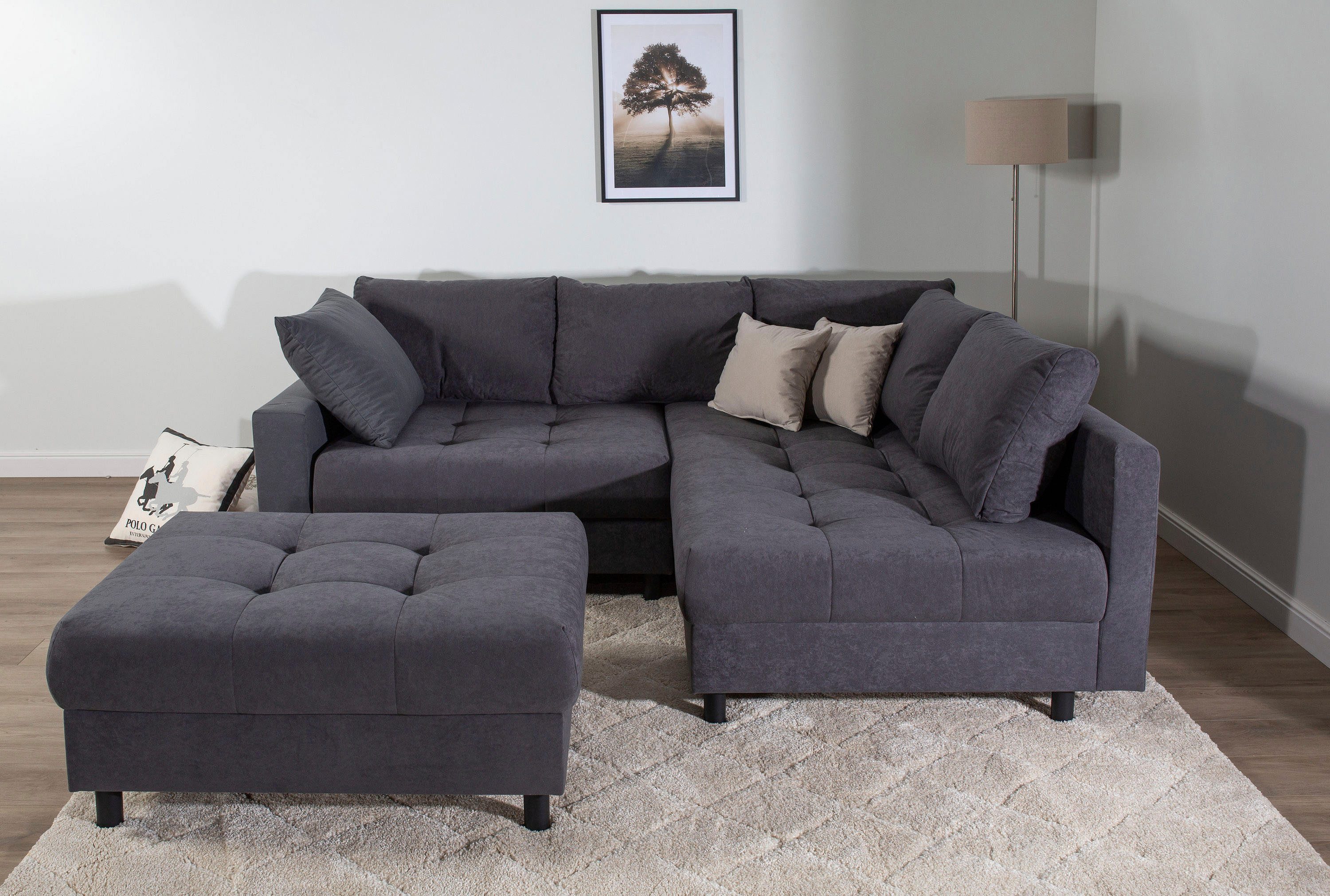 COLLECTION AB Ecksofa Toni L-Form, B: 215 cm, XXL-Liegefläche 178x190 cm mit Hocker, Set: Sofa & Hocker, 2 Zierkissen, Federkern, frei stellbar
