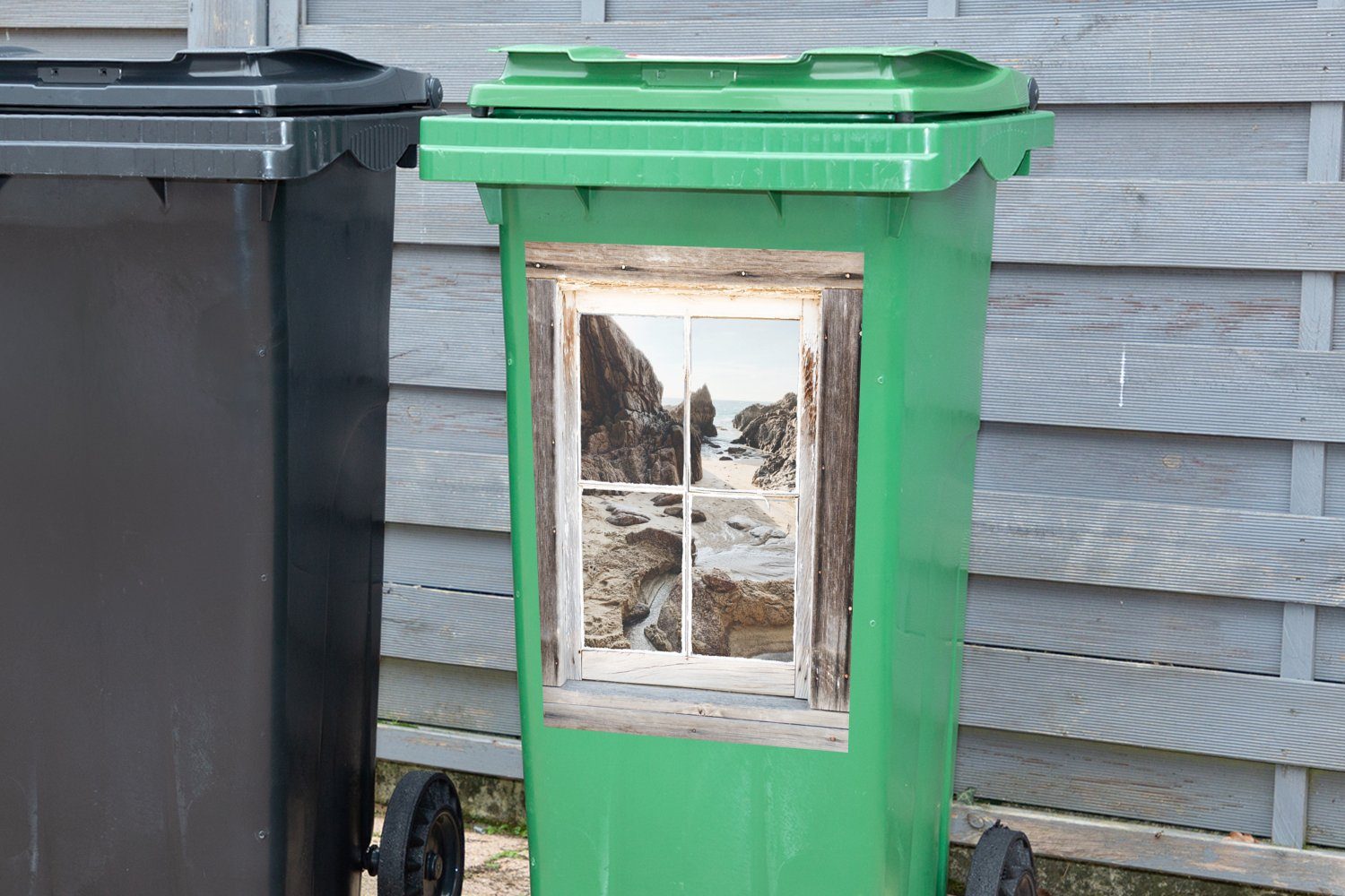 Mülltonne, Holz St), (1 Durchblick MuchoWow Wandsticker Sticker, Container, - Mülleimer-aufkleber, - Abfalbehälter Strand