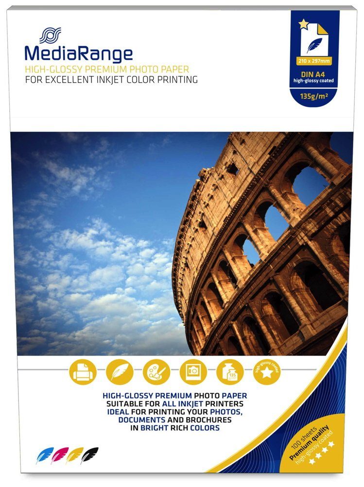 Mediarange Fotopapier 100 Blatt Fotopapier DIN A4 high glossy glänzend einseitig 135 g/m²