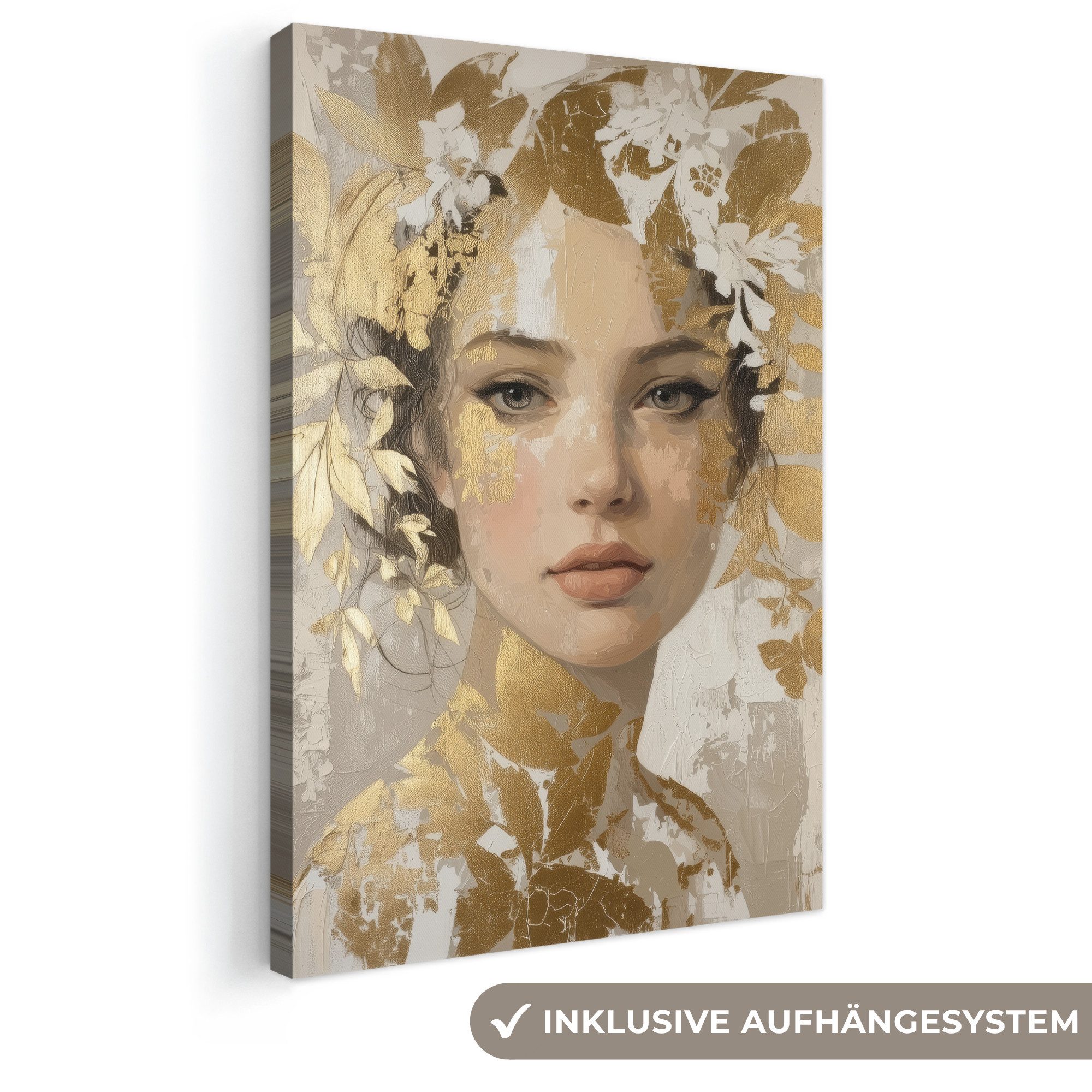 OneMillionCanvasses® Leinwandbild Gesicht - Frau - Blätter - Gold, Fotodruck (1 St), Leinwand Canvas Wandbild, Wanddekoration 20x30 cm