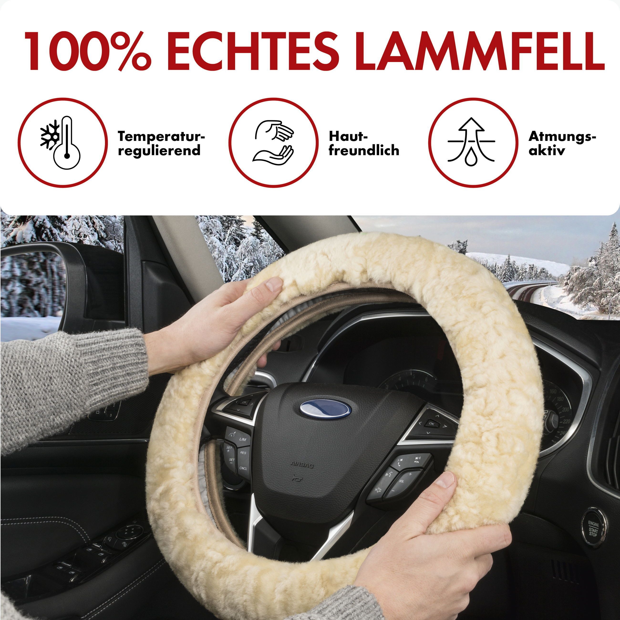 WALSER Car Seat Cover Steering Wheel Cover Lambskin, 1 piece, 1-piece