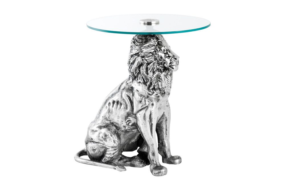 riess-ambiente Beistelltisch WILDLIFE LION 60cm silber antik / transparent · Couchtisch aus Metall (Einzelartikel, 1-St), Wohnzimmertisch mit Glas-Tischplatte · rund · handmade · Löwen-Statue