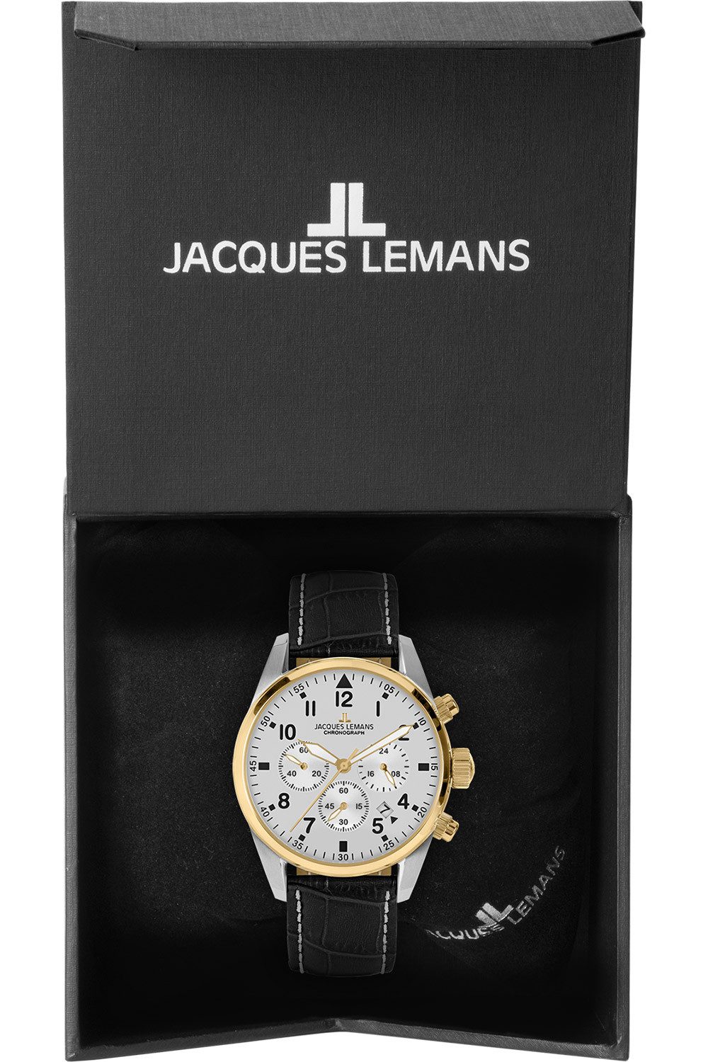 Jacques Lemans Quarzuhr 42-2E, Herrenuhr Chronograph Sport Schwarz/Zweifarbig