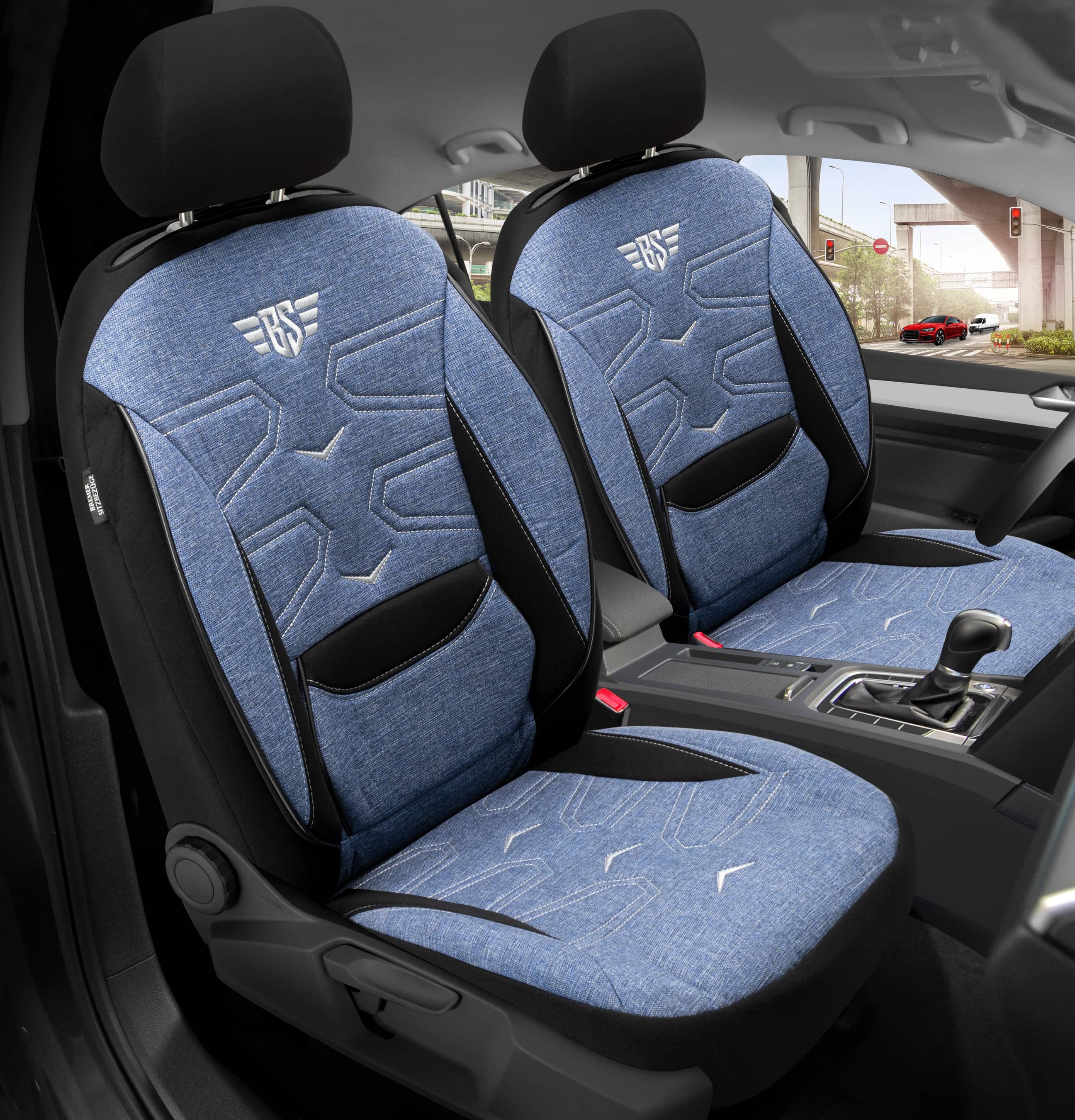 BREMER SITZBEZÜGE Autositzbezug für Maserati Quattroporte 6 Bj ab 2012 (KT306), Set, 2-tlg., Schonbezüge Sitzbezüge Fahrer und Beifahrer, in Schwarz/Blau