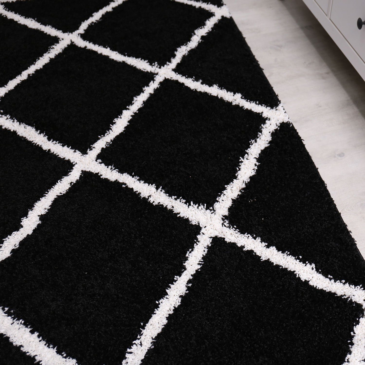 Vimoda Hochflor-Läufer Shaggy Wohnzimmer Rautenmuster Weiss, Rechteckig, Höhe: 30 mm, Langflor, Rauten muster, Skandi Design in Creme – Bild 5 von 5