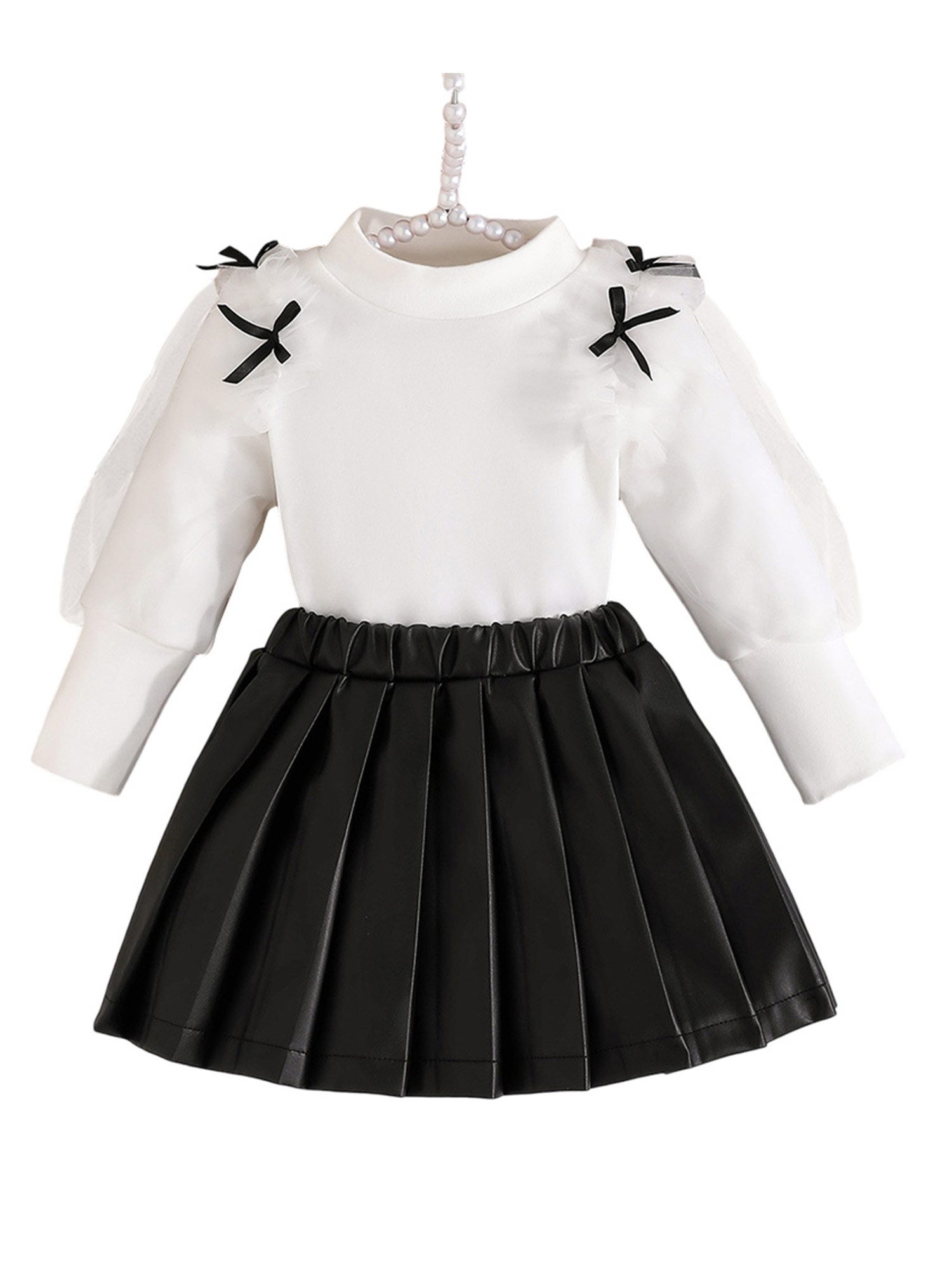 Lapastyle Shirt & Rock Langärmeliges Outfit für Babys, Oberteil aus Mesh-Patchwork, PU-Rock (Set, 2-tlg) Baby Kleinkind-Outfit mit Puffärmeln, für Partys, Geburtstage