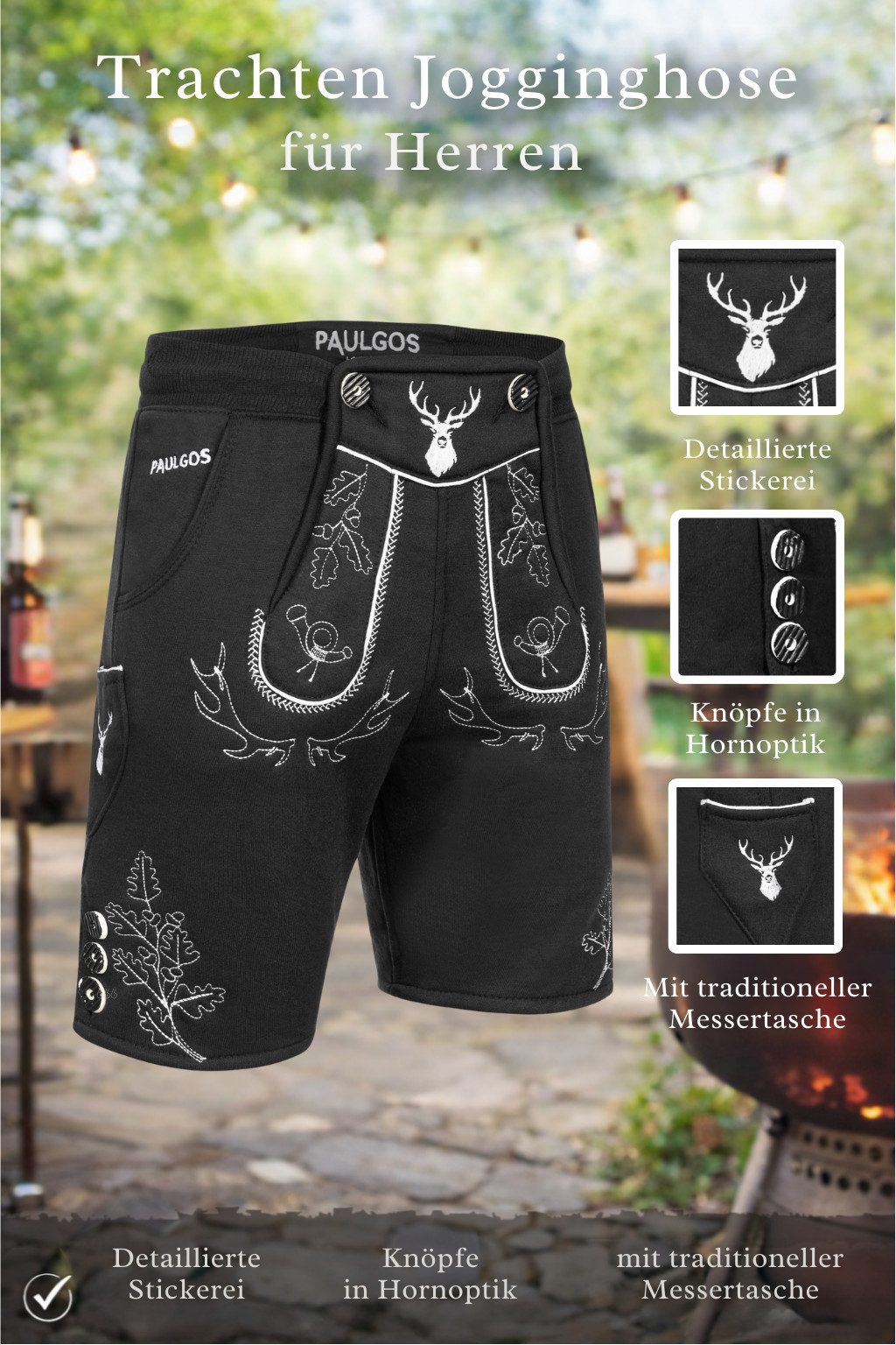 PAULGOS Trachtenhose Herren Jogginghose Design Lederhose Kurz Sweathose Bermuda Shorts JOK5