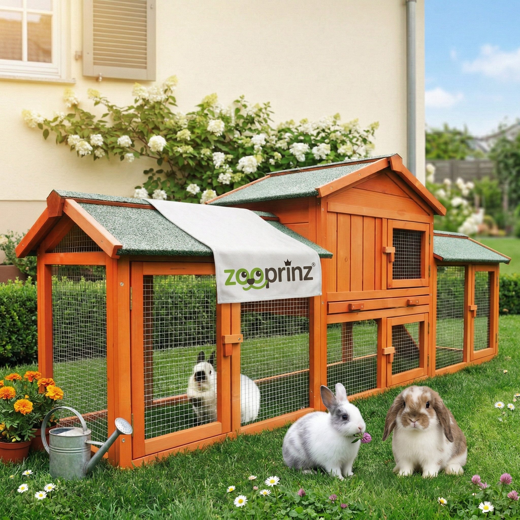 Zooprinz Kleintierstall Modell XXL mit XXL Freilaufgehege 210x85x54 cm (BxHxT), Kiefernholz, Bitumendach