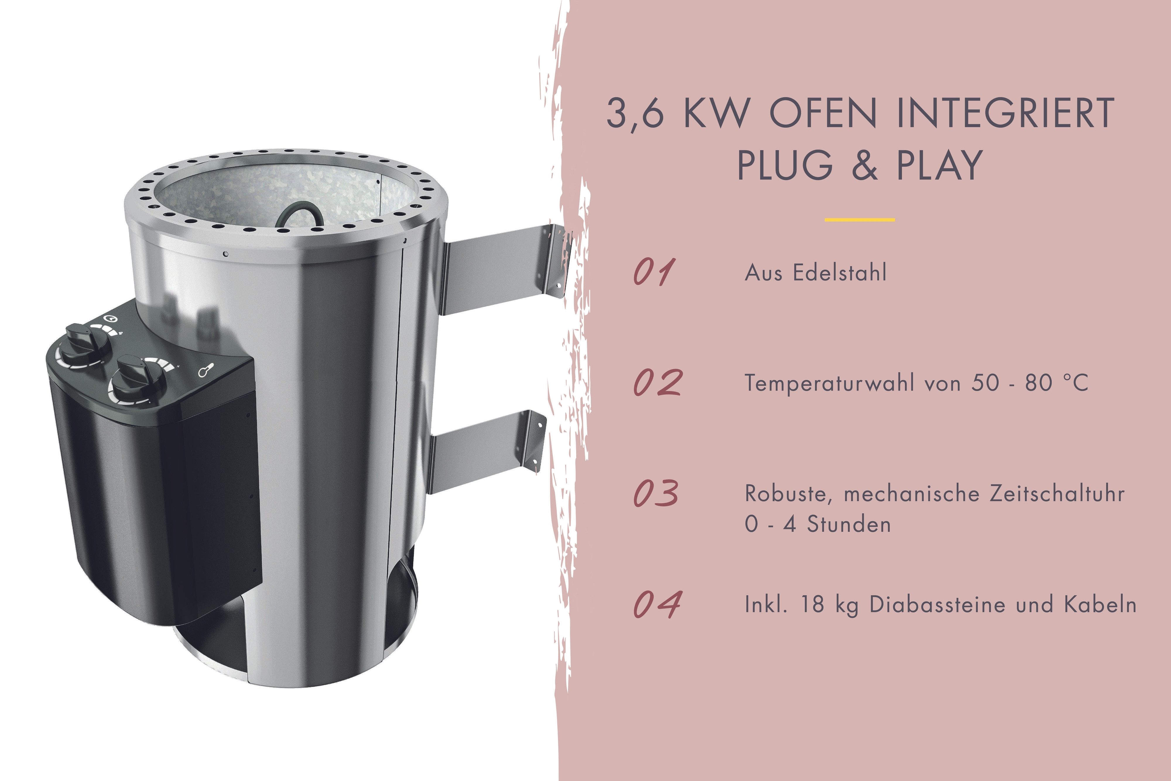 Karibu Sauna Innensauna Danika inkl. Saunaofen 3,6kW integr. Steuerung, nordisches Fichtenholz, Made in Germany